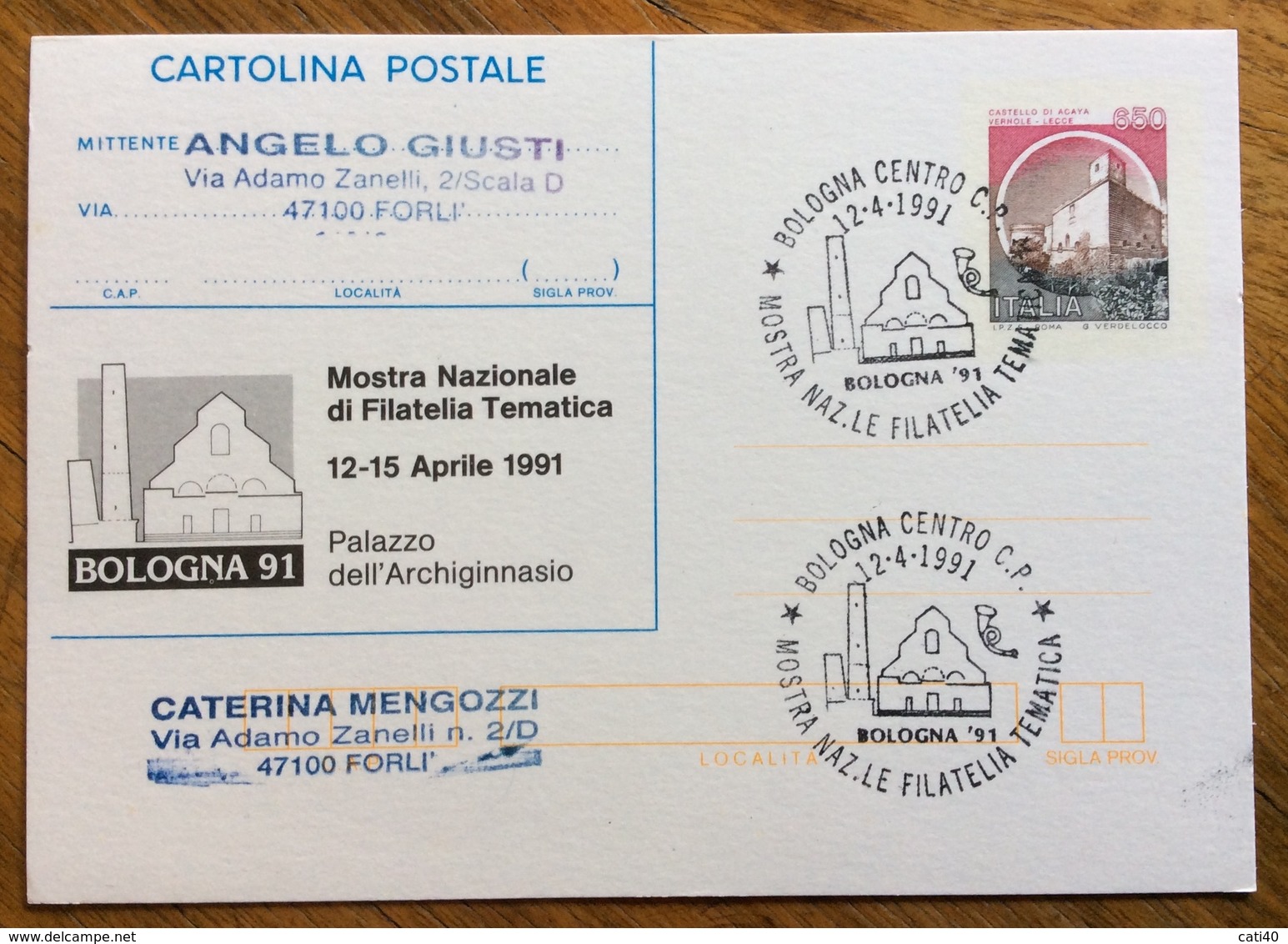 FILATELIA BOLOGNA 91 MOSTRA NAZIONALE FILATELIA TEMATICA Annullo Speciale SU CARTOLINA POSTALE  CASTELLI L. 650 - Altri & Non Classificati