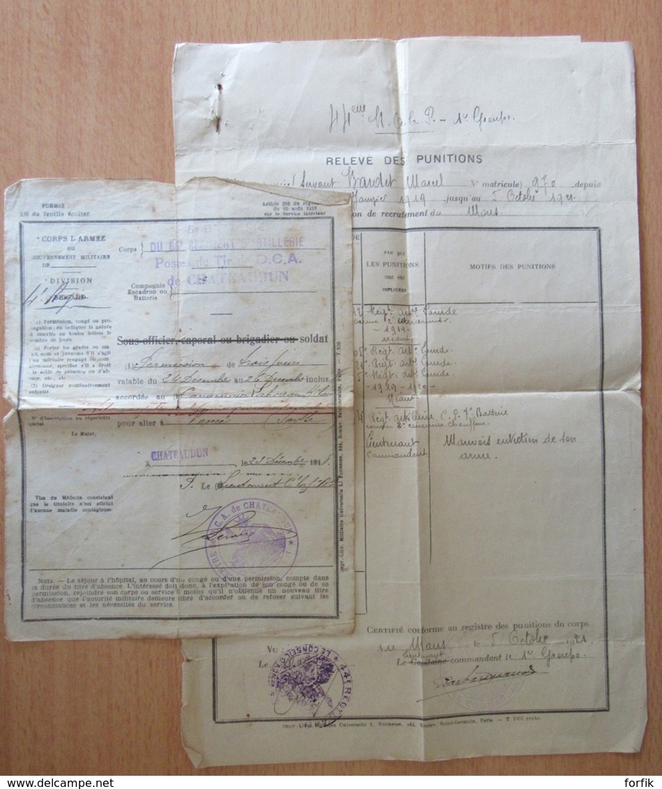 2 Documents Militaires Guerre 14-18 - Un Formulaire De Permission Et Une Relevé De Punition - 1918 Et 1921 - Documents Historiques