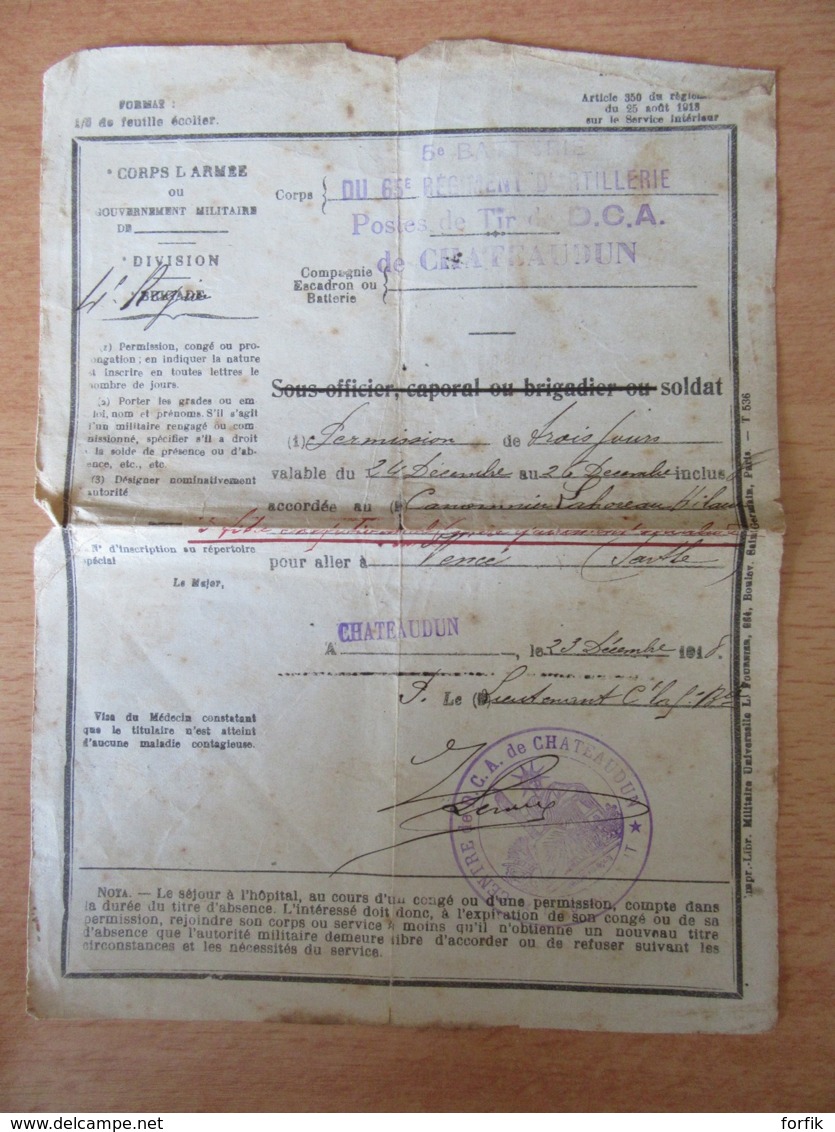 2 Documents Militaires Guerre 14-18 - Un Formulaire De Permission Et Une Relevé De Punition - 1918 Et 1921 - Documents Historiques