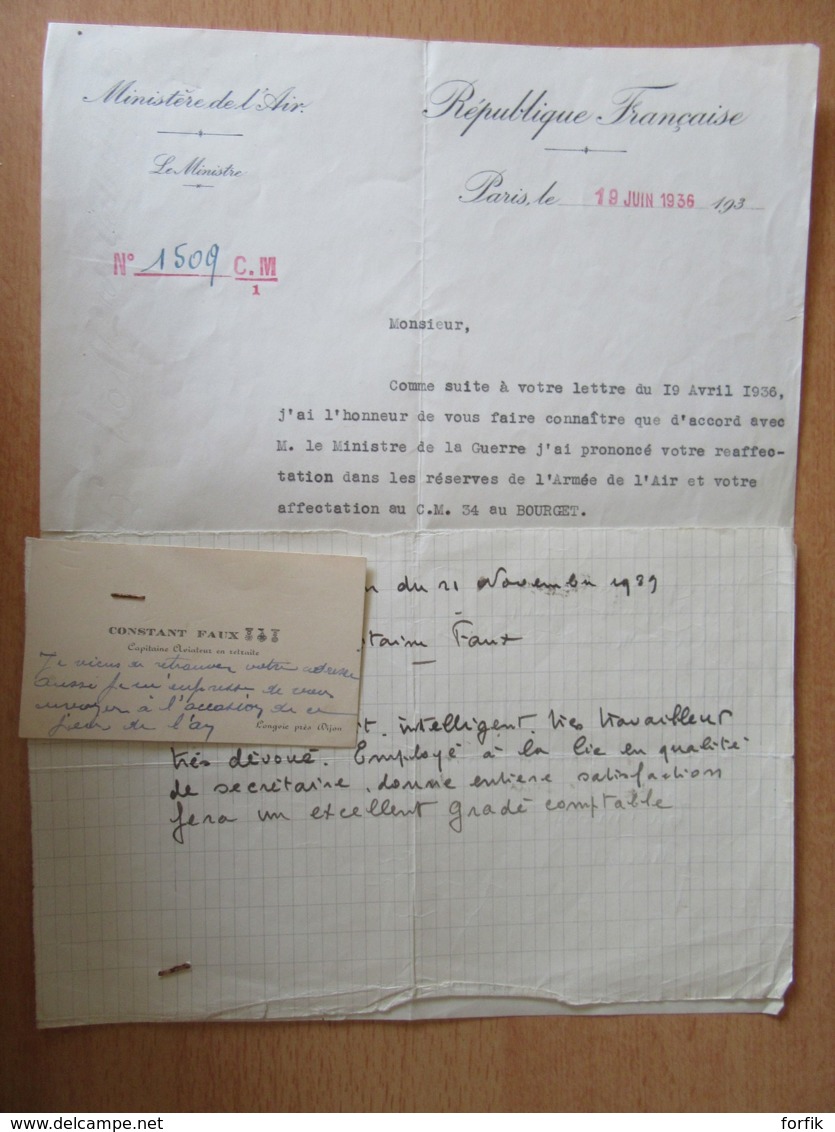 Document Du Ministère De L'Air Signé Pierre COT En 1936 + Carte De Visite Constant FAUX Capitaine Aviateur - Documents Historiques