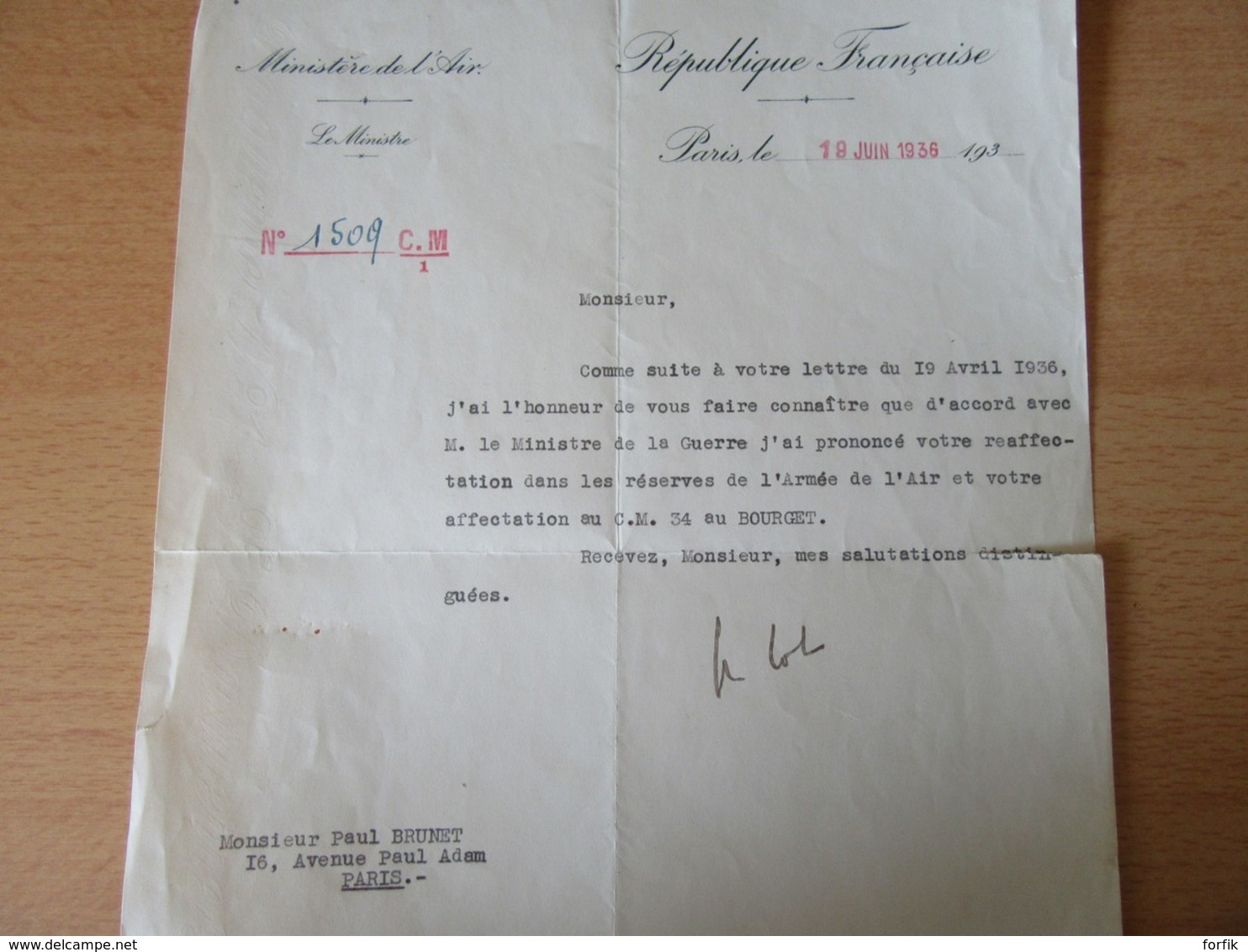 Document Du Ministère De L'Air Signé Pierre COT En 1936 + Carte De Visite Constant FAUX Capitaine Aviateur - Documents Historiques