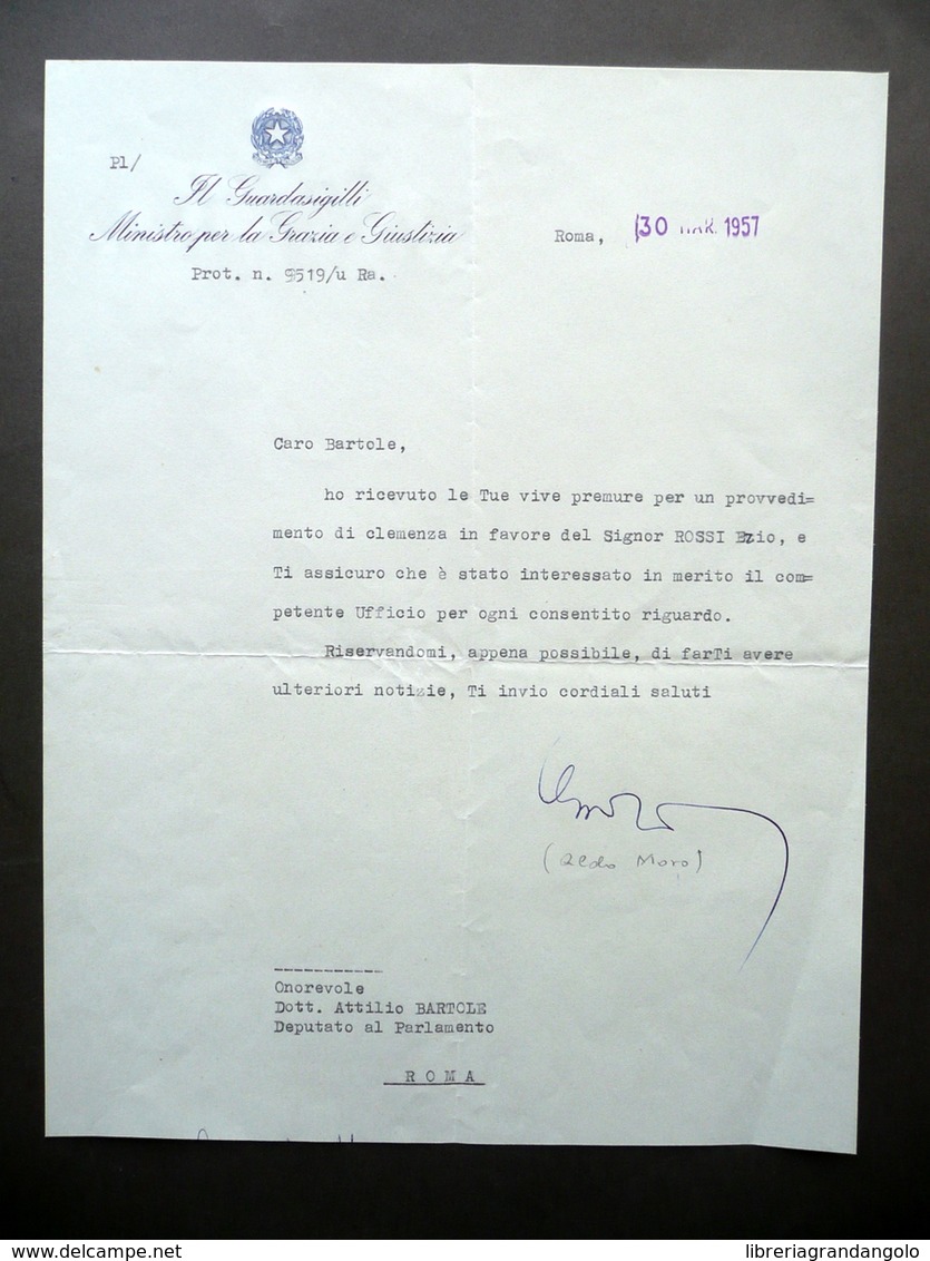 Autografo Aldo Moro Lettera Guardasigilli Ministro Giustizia Roma 1957 Clemenza - Autres & Non Classés