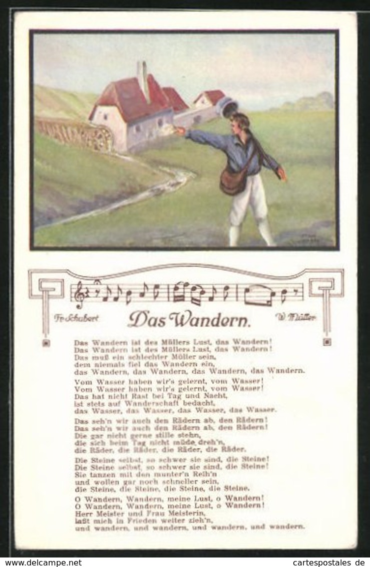 AK Lied Das Wandern Mit Text Und Noten Von Schubert Und Müller, Wanderer Winkt Zum Abschied - Other & Unclassified