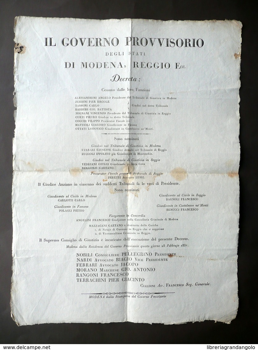 Grida Governo Provvisorio Modena Reggio 1831 Deposizione Nomina Giudici Cariche - Non Classificati
