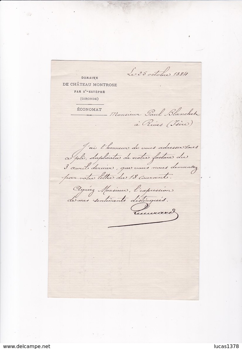 ALCOOL / GRAND CRU BORDEAUX / 1884 / LETTRE CHATEAU MONTROSE / SAINT ESTEPHE / ECONOMAT - Documents Historiques