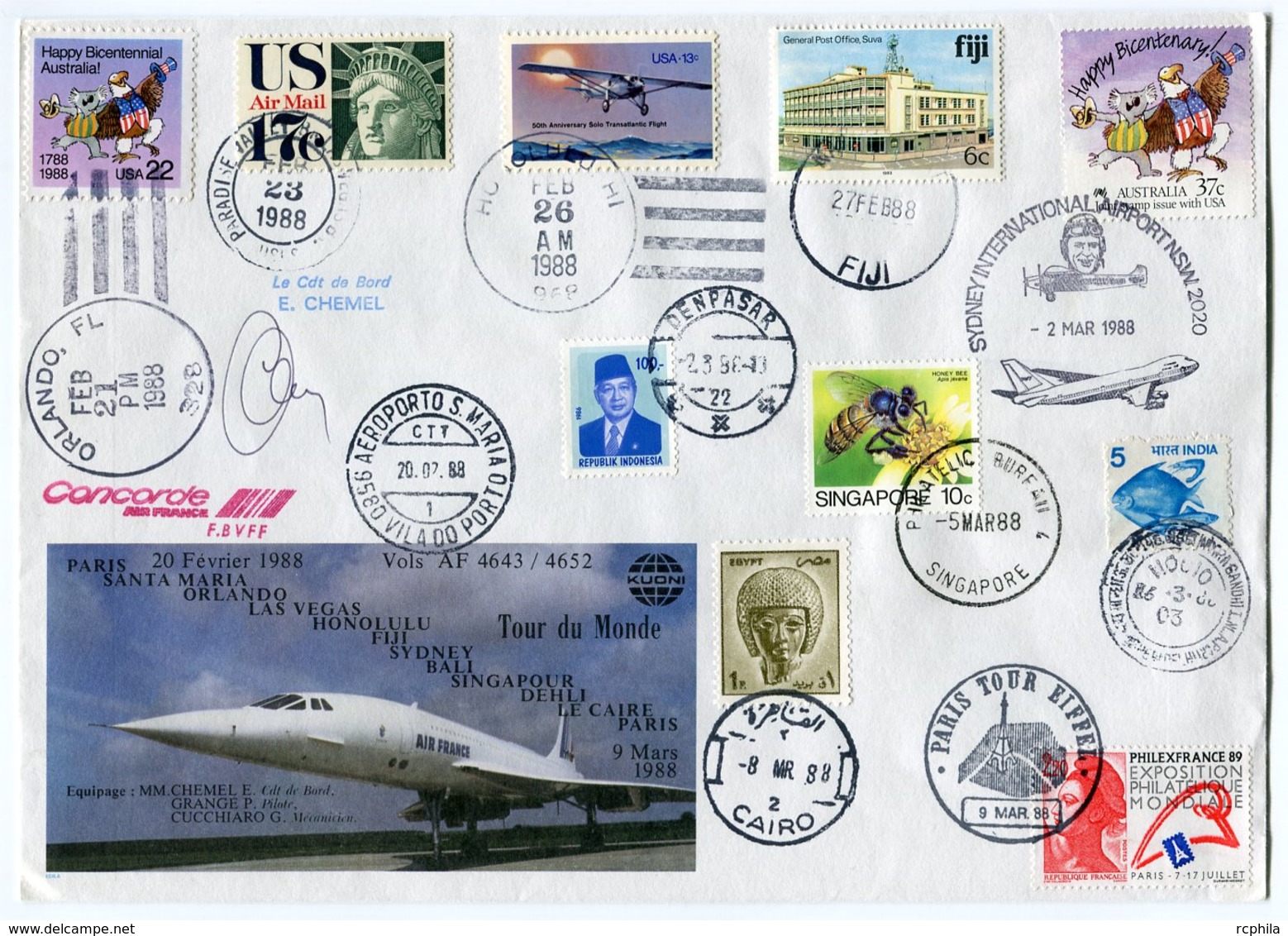 RC 12483 CONCORDE 1988 GRANDE ENVELOPPE TOUR DU MONDE FFC LETTRE COVER - Concorde