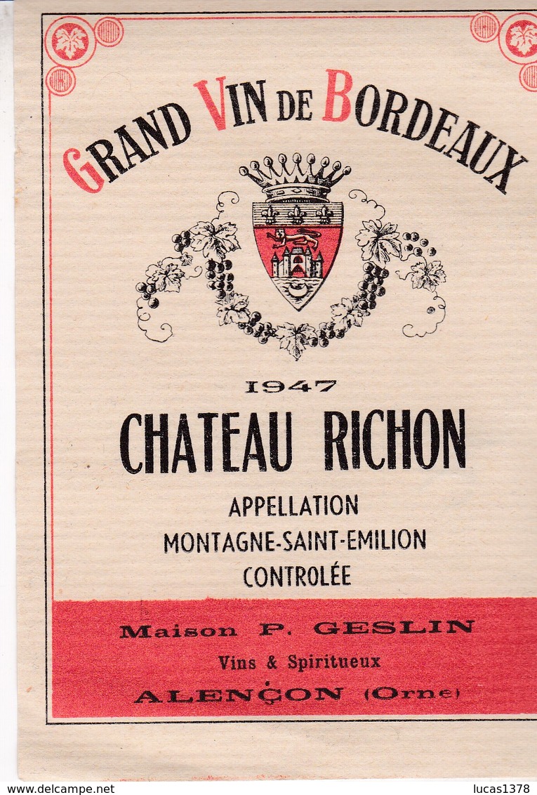 CHATEAU RICHON 1947 / MONTAGNE ST EMILION / - Bordeaux