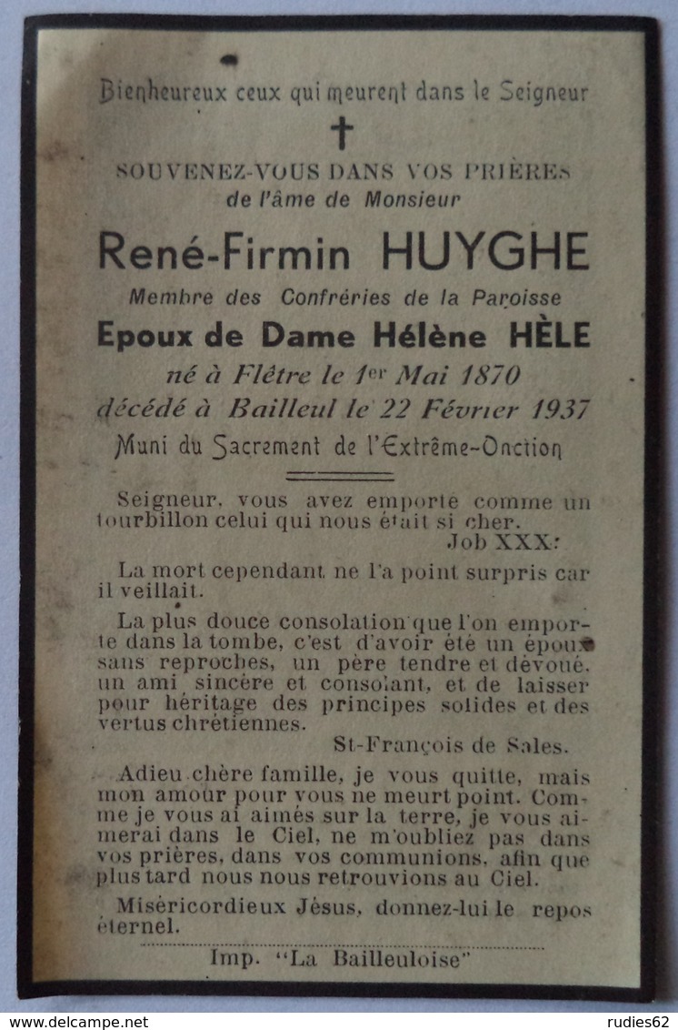 Flêtre - Bailleul: Image Mortuaire De HUYGHE René Firmin (X HELE Hélène Marie Thérèse) - Décès