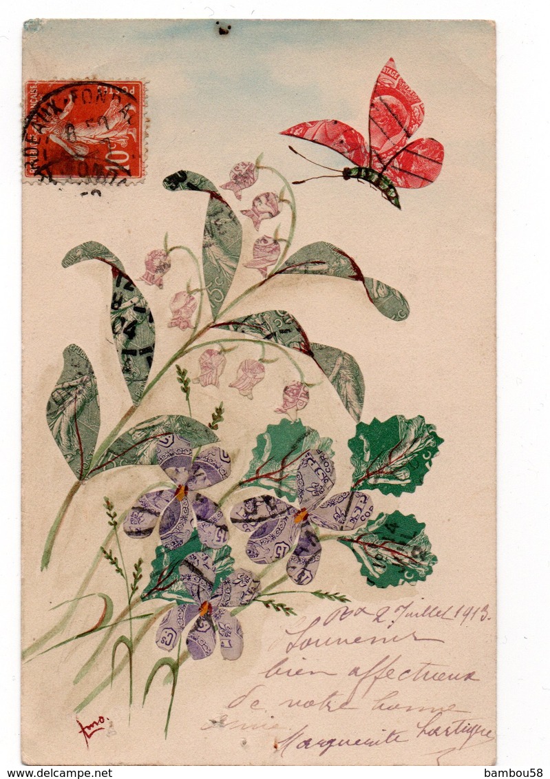 Carte Réalisée En Timbres Découpés * MUGUET * VIOLETTE * PAPILLON * FLEUR * Dessin Main * - Timbres (représentations)