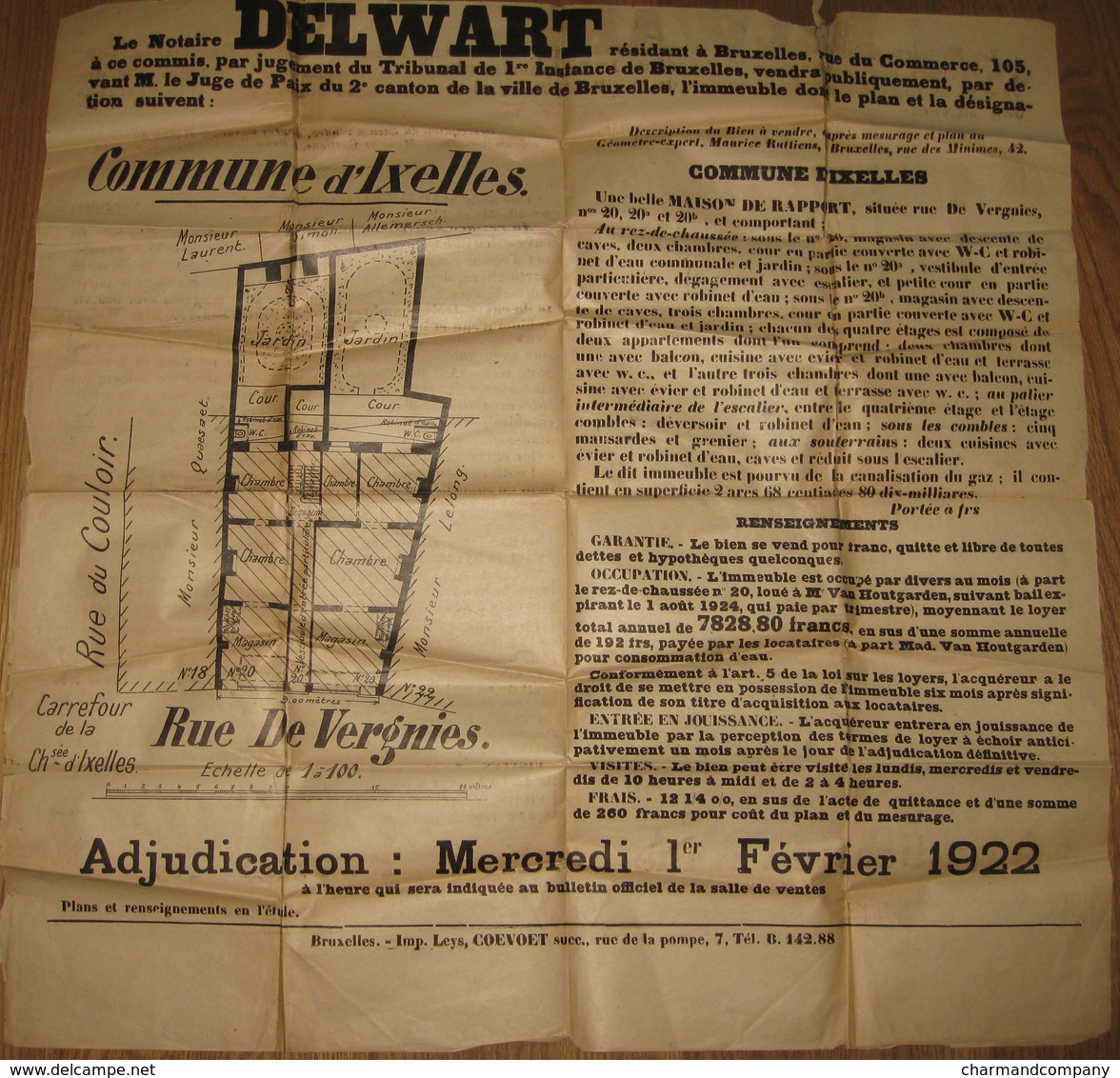 Affiche Vente Notaire / Notaris DEWART - Vente Maison 20 Rue De Vergnies Ixelles Bruxelles - 1922 - 2 Scans - Documents Historiques