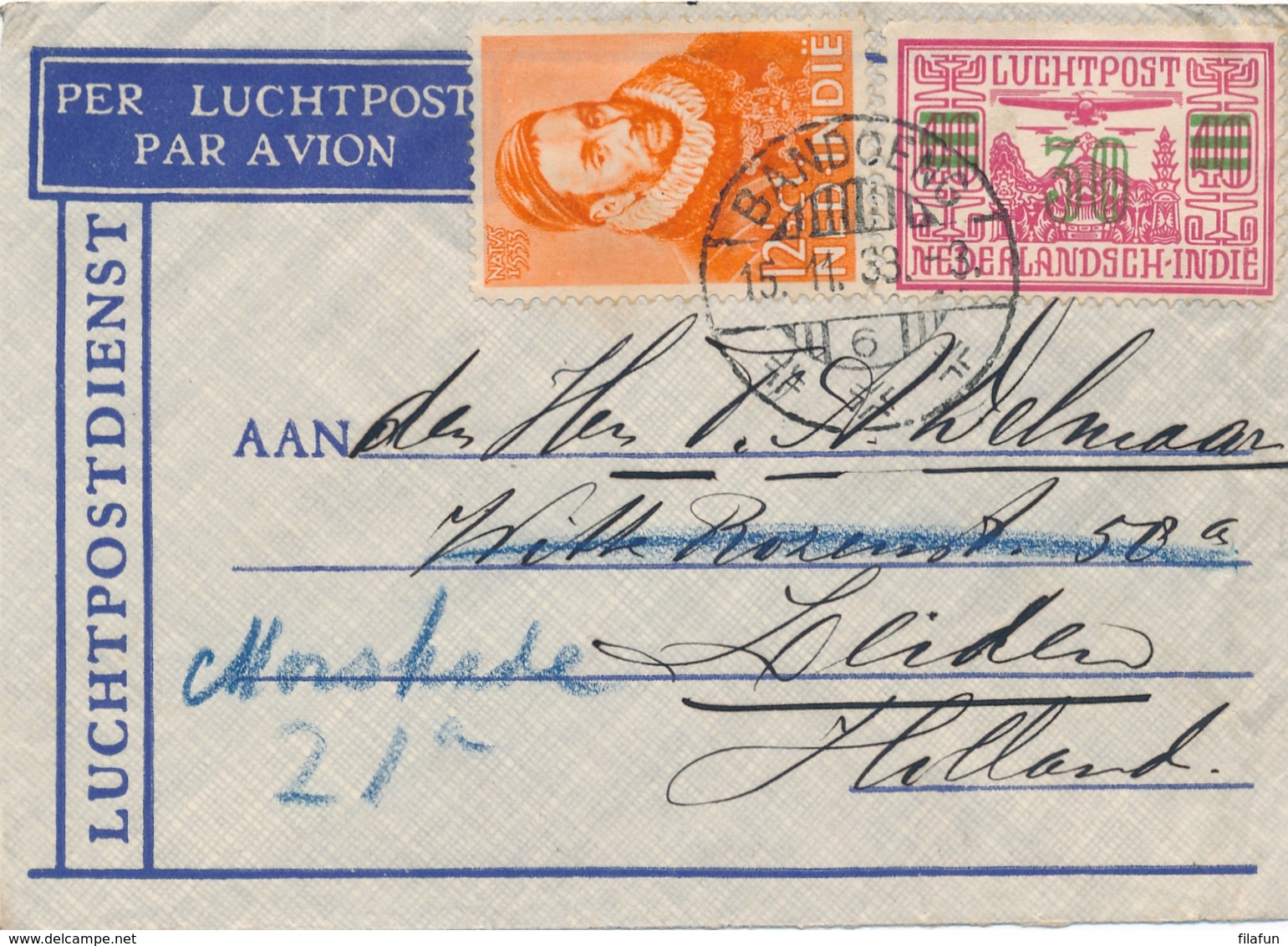 Nederlands Indië - 1933 - 30 Cent LP & 12,5 Cent Willem Van Oranje Op LP-cover Van LBnr BANDOENG/6 Naar Leiden - Nederlands-Indië