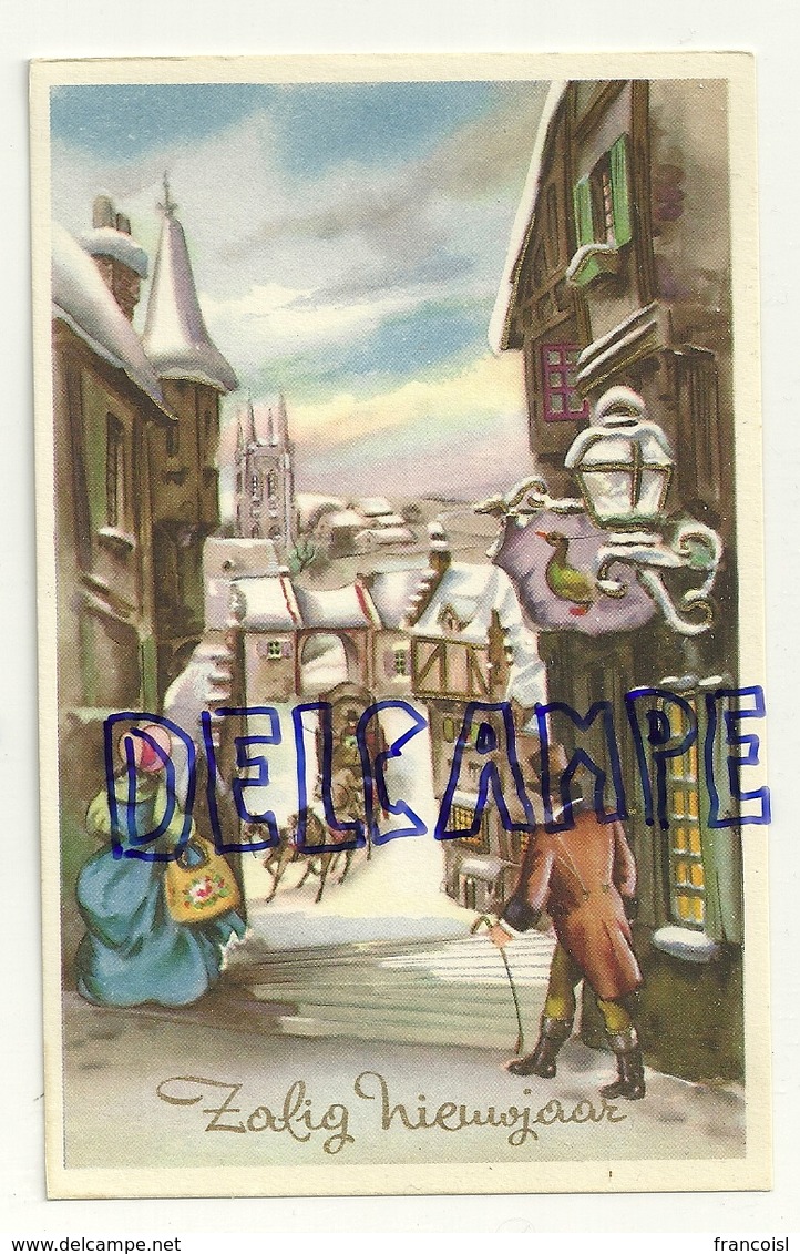 Zalig Nieuwjaar. Rue Enneigée, Passants, Enseigne Canard, Calèche. Dorée. Coloprint 1309 - Nouvel An