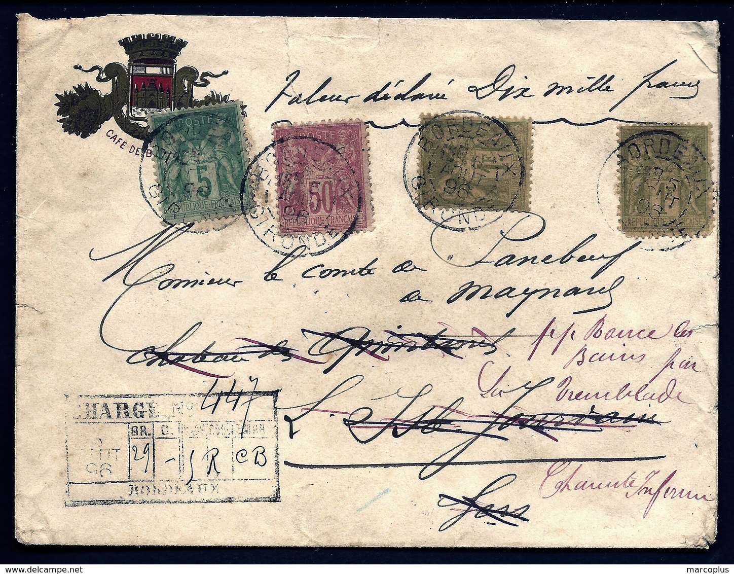 CP 4- RARE LETTRE AVEC V.D. DE 10 000 Fr- TIMBRAGE  SAGE A 2,55 Fr DE 1896- TAMPON DE CHARGE + 5 CACHETS CIRE- 3 SCANS - 1849-1876: Période Classique