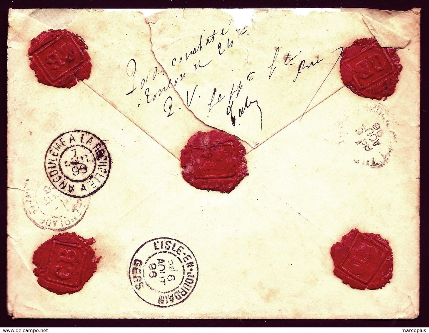 CP 4- RARE LETTRE AVEC V.D. DE 10 000 Fr- TIMBRAGE  SAGE A 2,55 Fr DE 1896- TAMPON DE CHARGE + 5 CACHETS CIRE- 3 SCANS - 1849-1876: Période Classique