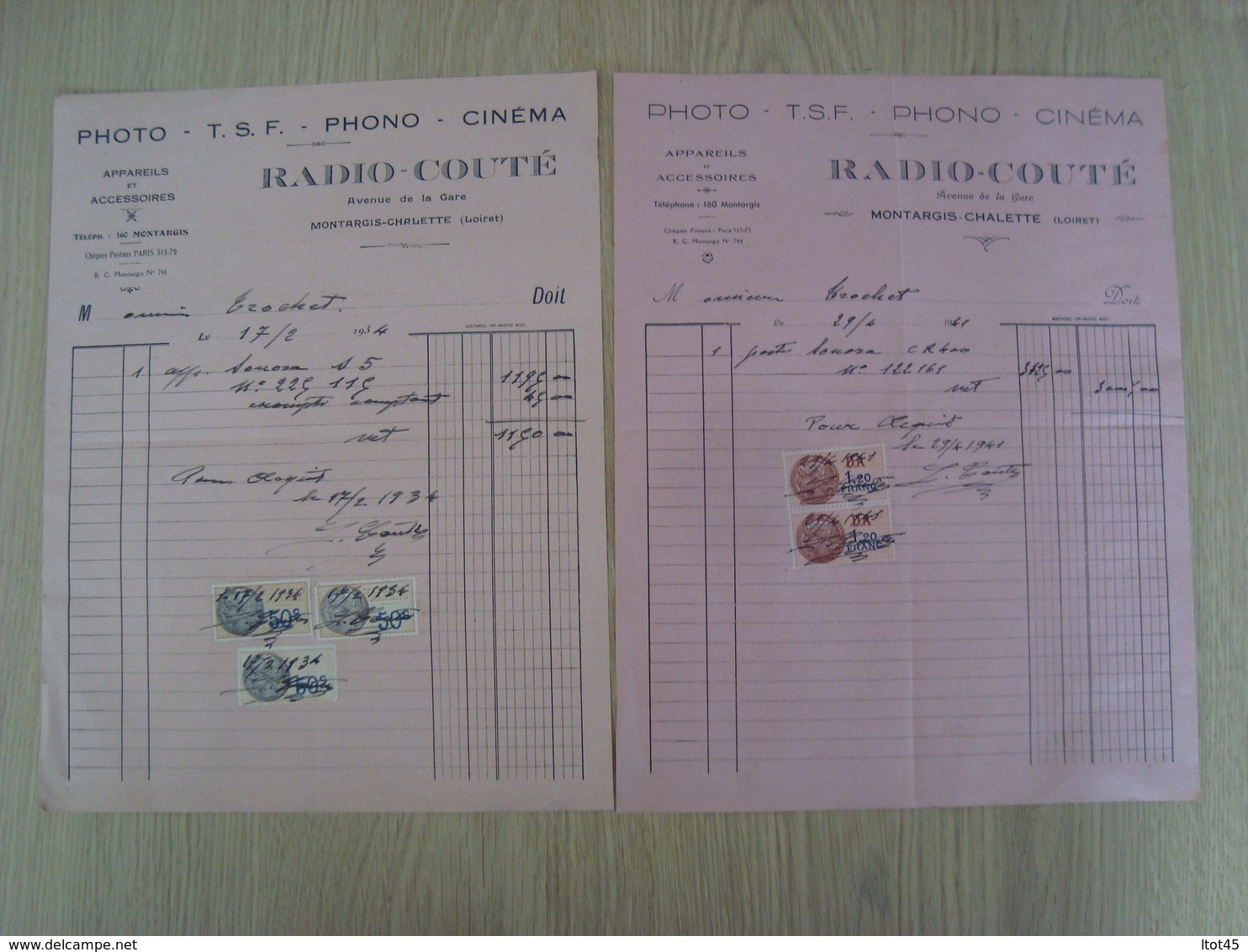 LOT DE 2 FACTURES RADIO-COUTE PHOTO TSF PHONO CINEMA MONTARGIS CHALETTE 1934 - 1900 – 1949