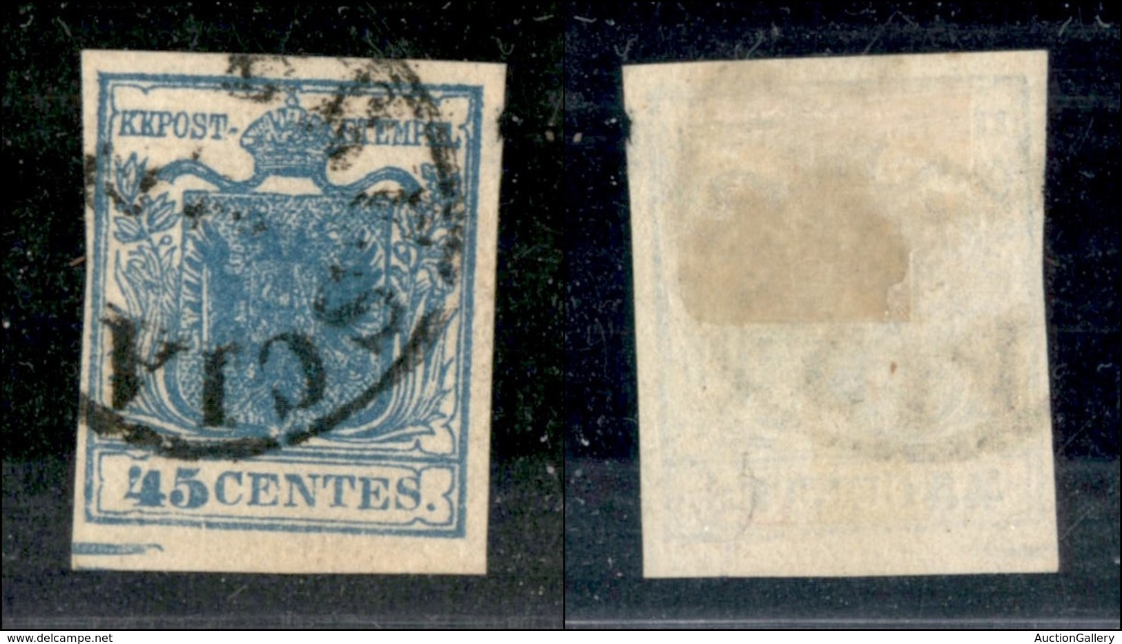 ANTICHI STATI - LOMBARDO VENETO - 1850 - 45 Cent (10d/g - Azzurro Scuro) Usato - Spazio Tipografico In Basso A Sinistra  - Other & Unclassified