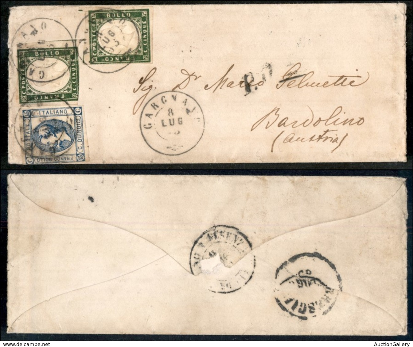 ANTICHI STATI - LOMBARDO VENETO - 15 Cent (13 - Regno) + Due 5 Cent (13E - Sardegna) Su Bustina Per Gargnano Bardolino ( - Autres & Non Classés