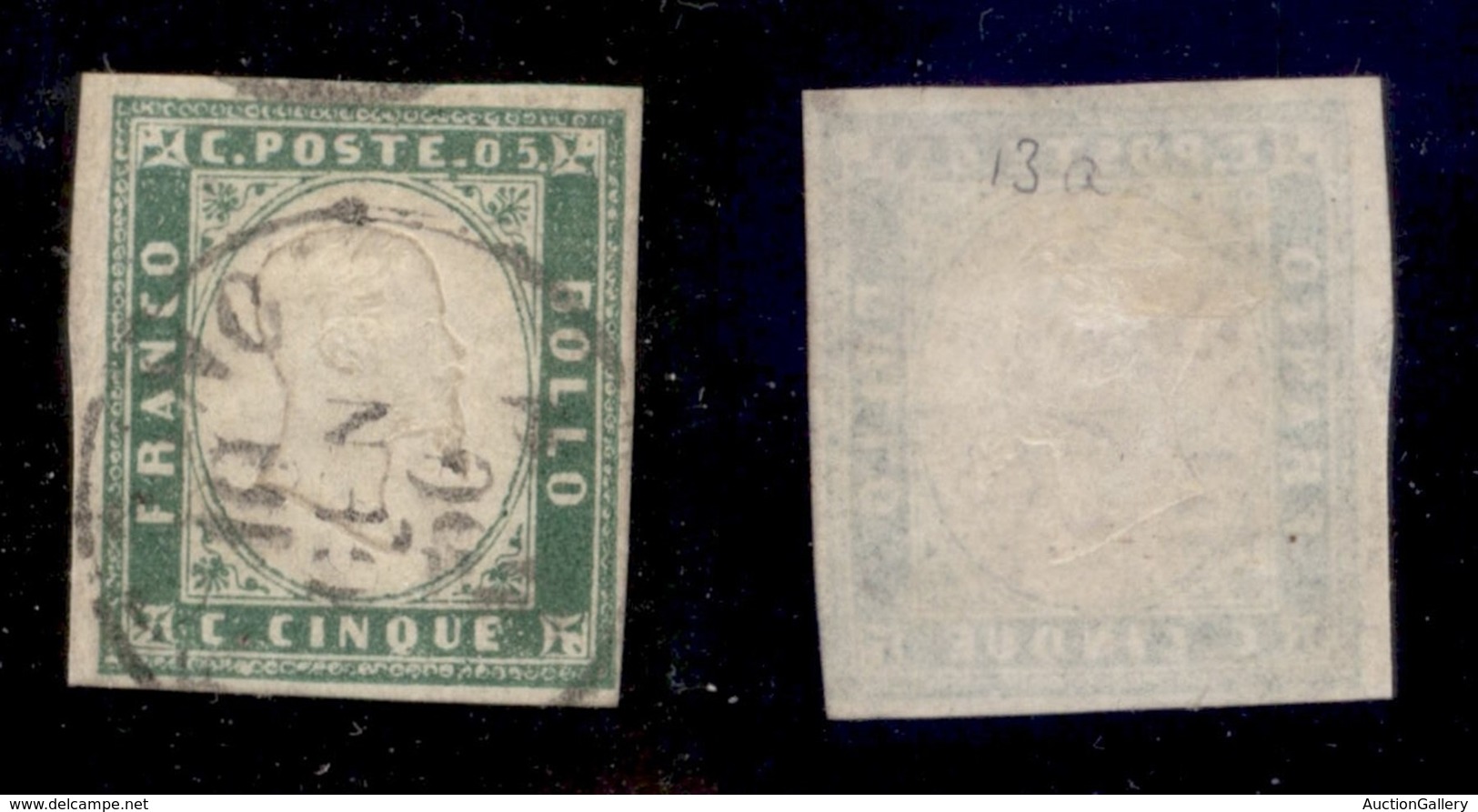 ANTICHI STATI - SARDEGNA - 1855 - 5 Cent (13c - Verde Pisello) Usato A Torino - Cert. AG (4.000) - Autres & Non Classés