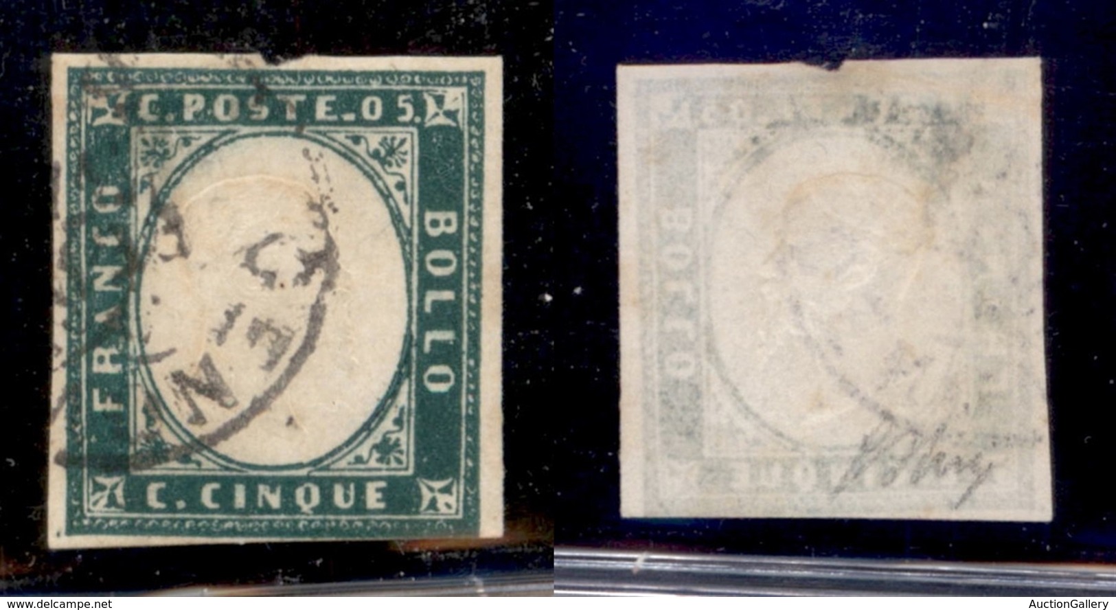 ANTICHI STATI - SARDEGNA - 1855 - 5 Cent (13f - Smeraldo Scuro) Usato - Preciso In Basso A Destra - Oliva + Cert. AG (1. - Autres & Non Classés