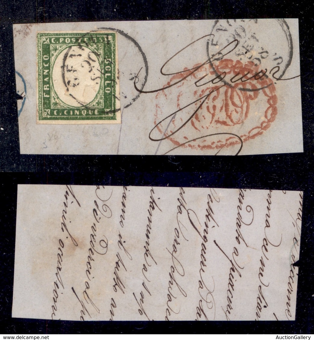 ANTICHI STATI - SARDEGNA - 1858 - Stampa Difettosa - 5 Cent (13Ah - Verde Giallo) Usato A Genova Il 20.9.58 Su Frammento - Autres & Non Classés