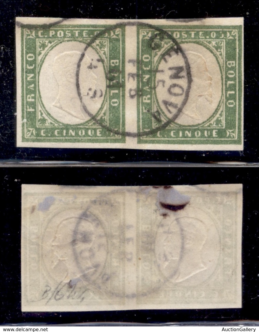 ANTICHI STATI - SARDEGNA - 1861 - 5 Cent (13Ca - Oliva Chiaro) - Coppia Usata - Oliva - Sonstige & Ohne Zuordnung