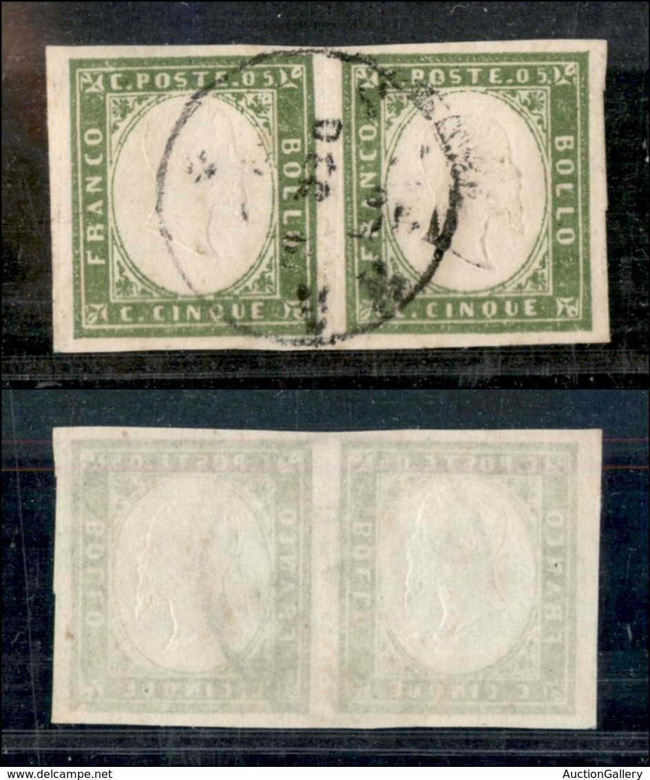 ANTICHI STATI - SARDEGNA - 1861 - 5 Cent (13Cc - Verde Oliva Giallastro) - Coppia Orizzontale Usata - Sonstige & Ohne Zuordnung