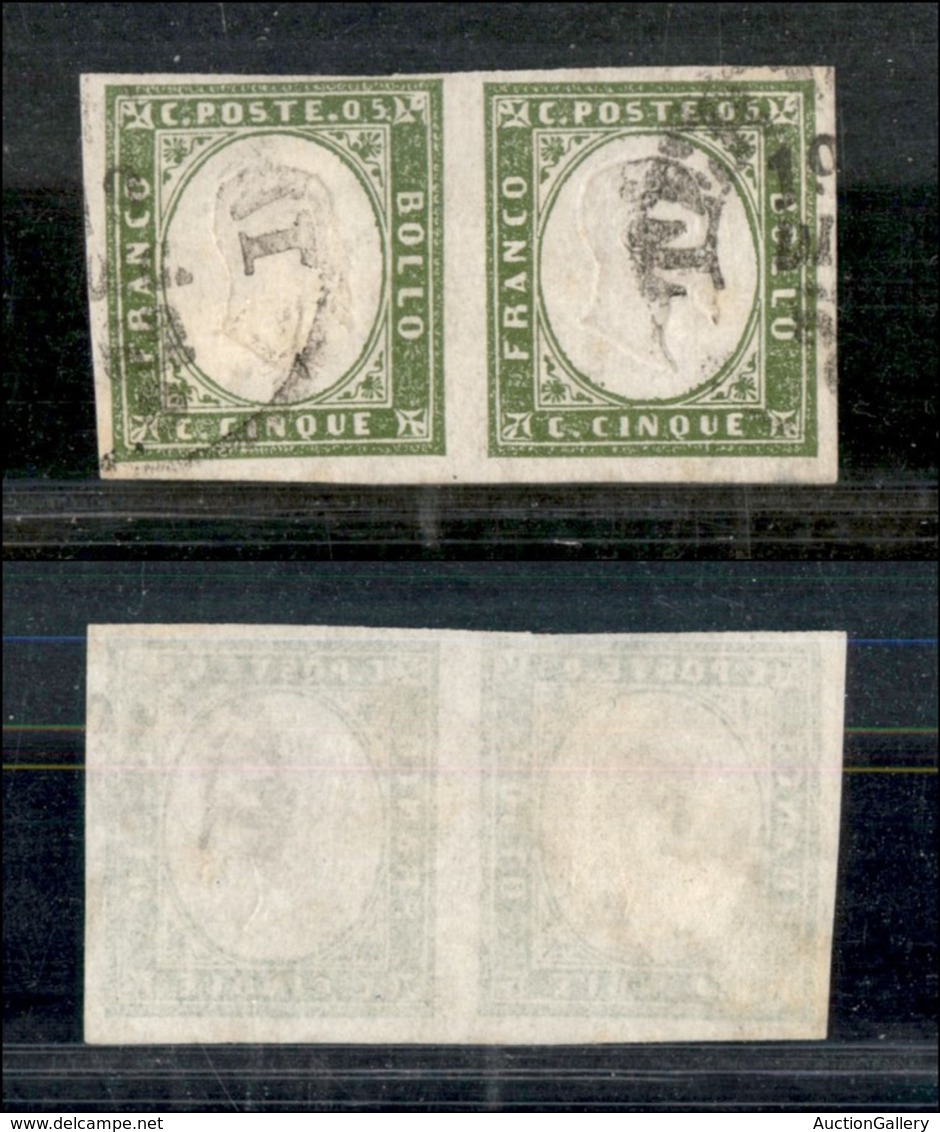 ANTICHI STATI - SARDEGNA - 1862 - 5 Cent (13Dc - Verde Olivastro) In Coppia - Usata A Termini Il 19.12.63 (550+) - Autres & Non Classés