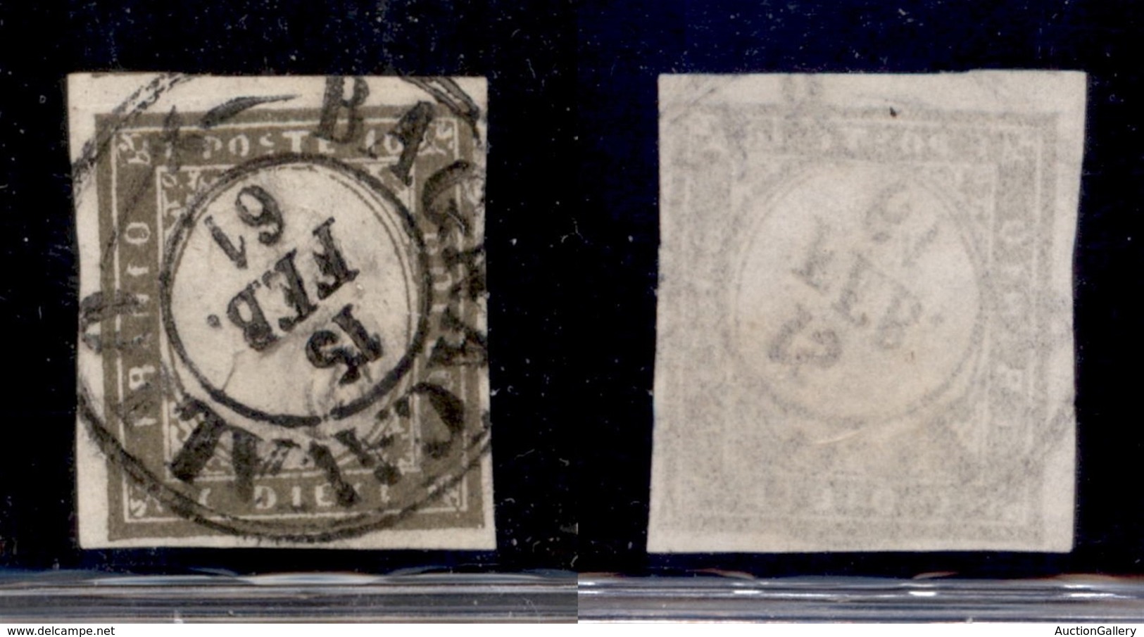 ANTICHI STATI - SARDEGNA - 1861 - 10 Cent (14Caa - Oliva Grigio Verdastro) Usato - Cert. AG (1.200) - Autres & Non Classés