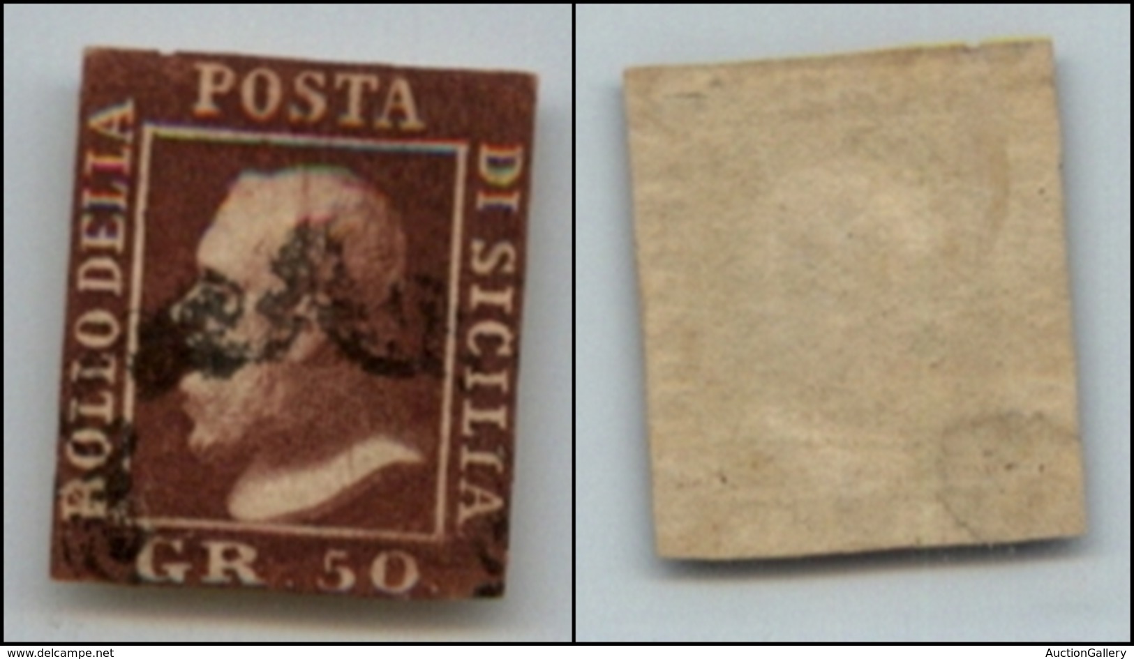 ANTICHI STATI - SICILIA - 1859 - 50 Grana (46b - Bruno Scuro Violaceo) Usato - Ritagliato Nel Disegno (45.000) - Sonstige & Ohne Zuordnung