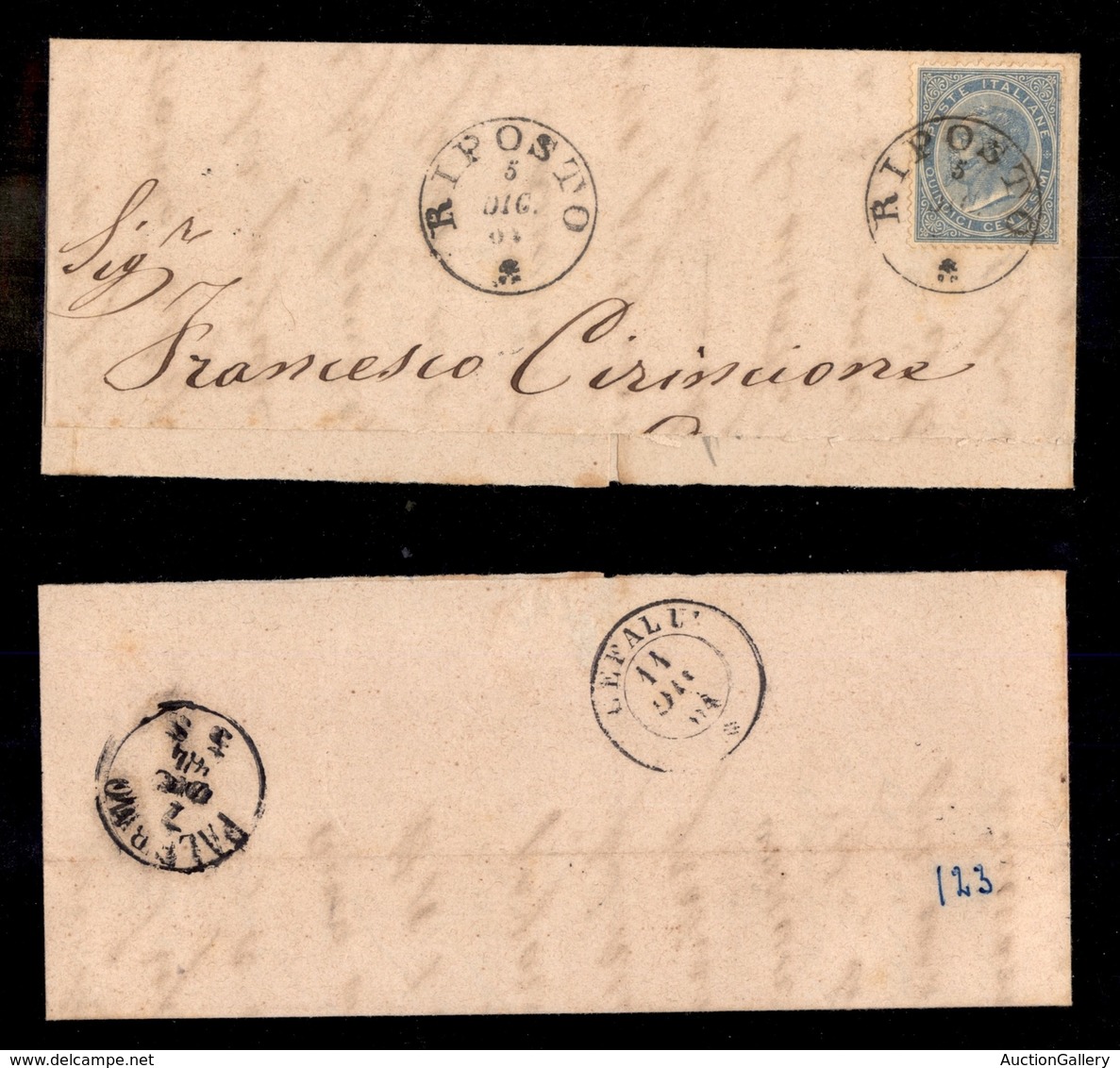 ANTICHI STATI - SICILIA - Riposto (P.ti 5) - 15 Cent (L18 - Regno) Su Testatina Di Lettera Per Cefalù Del 5.12.64 - Autres & Non Classés