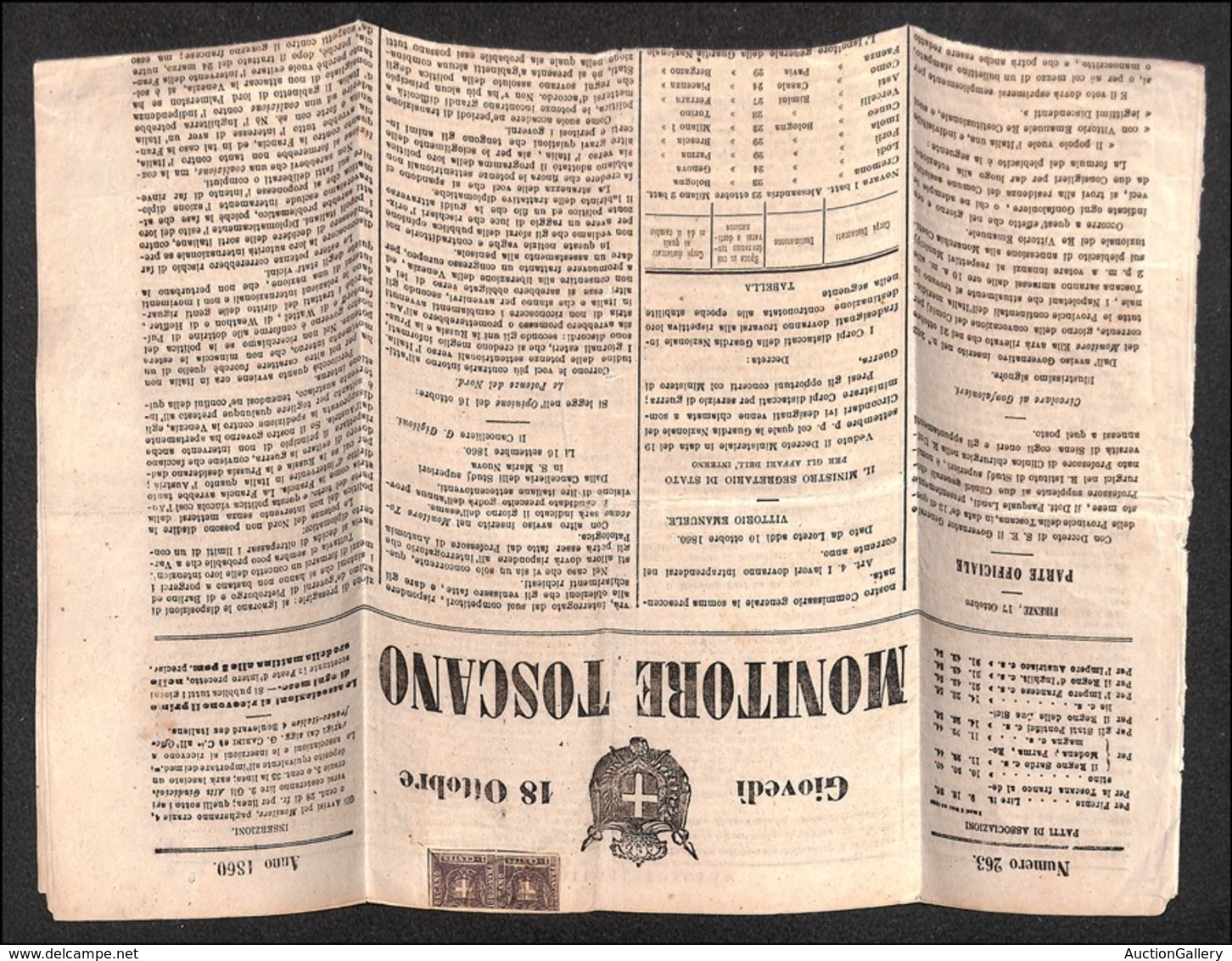 ANTICHI STATI - TOSCANA - 1 Cent (17c) - Coppia Bordo Foglio Tosata In Alto Su Giornale - Monitore Toscano 18.10.60 (9.0 - Autres & Non Classés