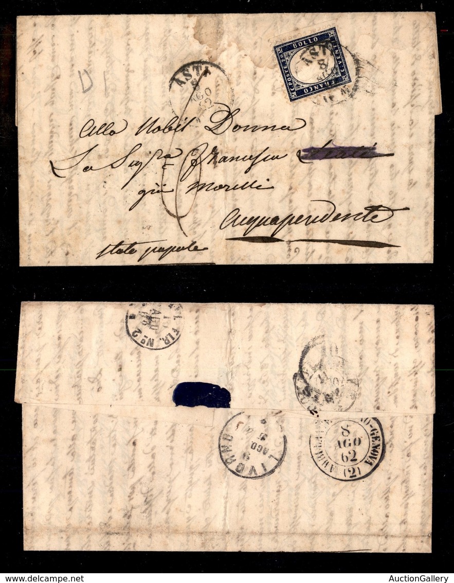 REGNO D'ITALIA - POSTA ORDINARIA - 20 Cent (2) Bordo Foglio - Lettera Da Asti A Acquapendente Del 8.8.62 - Tassata - Sonstige & Ohne Zuordnung