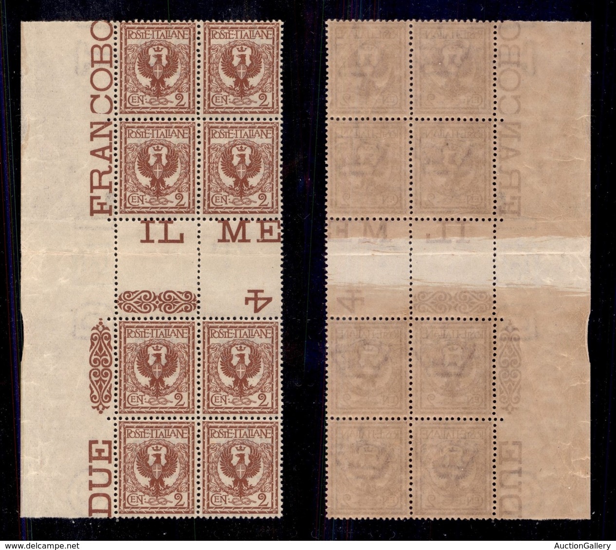 REGNO D'ITALIA - POSTA ORDINARIA - 1901 - 2 Cent Floreale (69) - Blocco Angolare Di Otto Con Interspazio Al Centro - Fil - Sonstige & Ohne Zuordnung