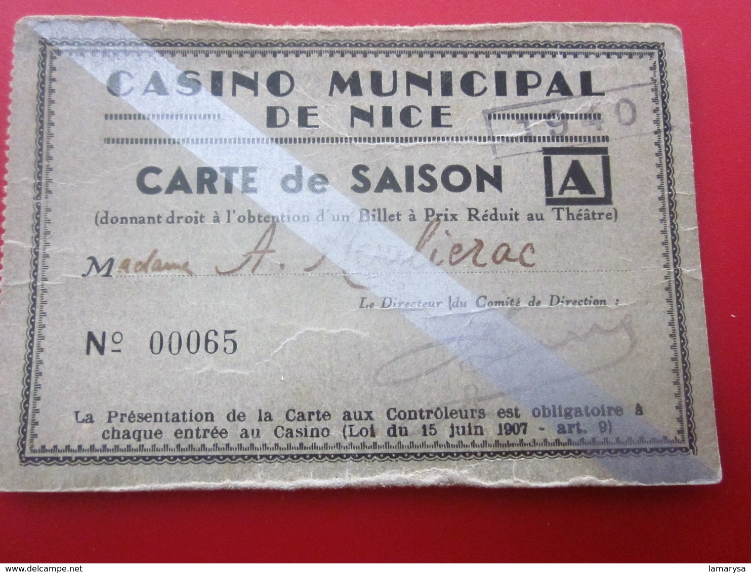 1940 WW2 CASINO MUNICIPAL NICE CARTE SAISON PRIX RÉDUIT THÉÂTRE Ticket Billet Entrée Entry Entrance-Biglietto D'ingresso - Biglietti D'ingresso