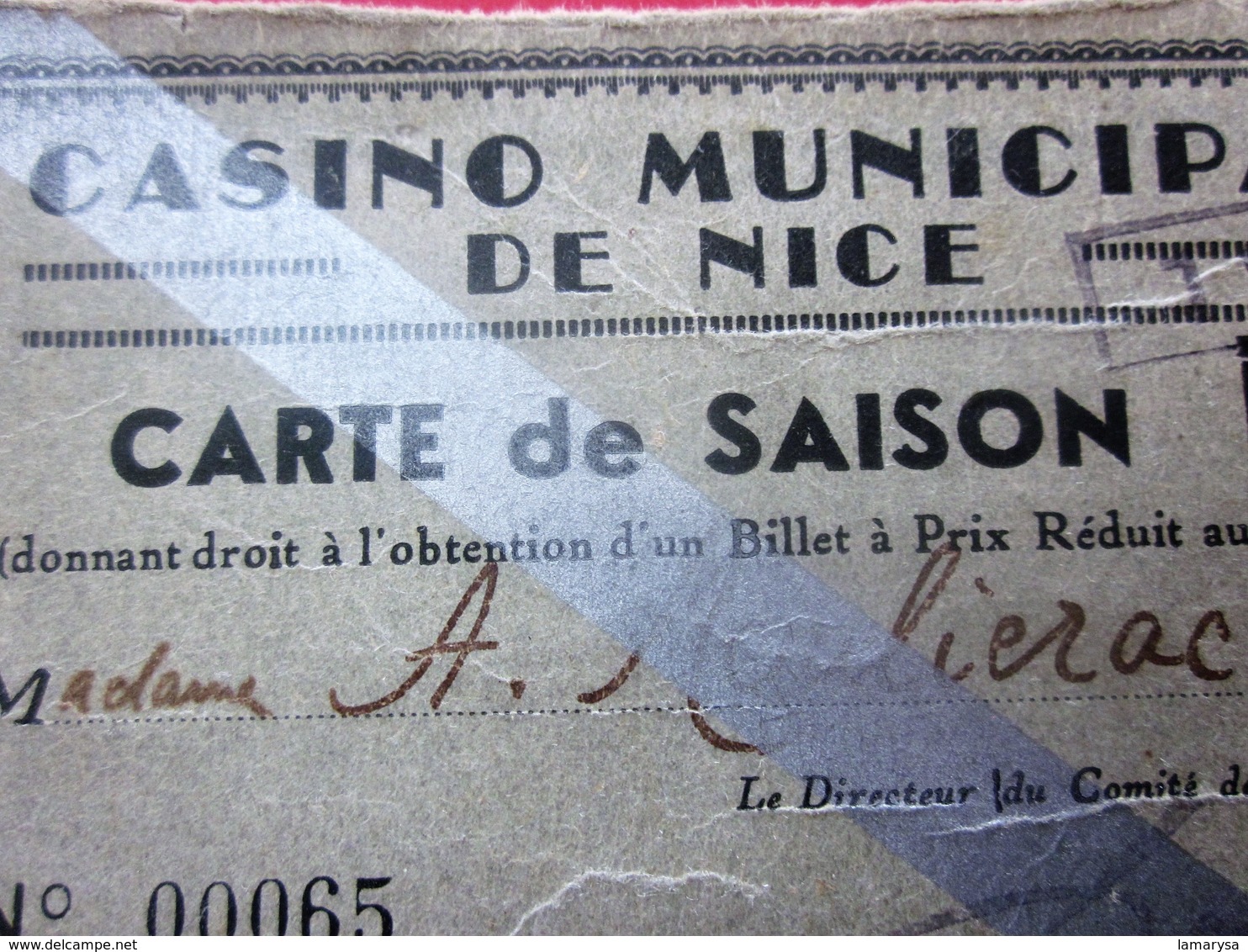 1940 WW2 CASINO MUNICIPAL NICE CARTE SAISON PRIX RÉDUIT THÉÂTRE Ticket Billet Entrée Entry Entrance-Biglietto D'ingresso - Tickets D'entrée