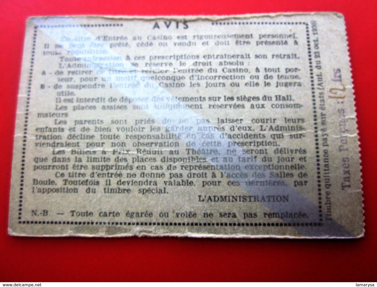 1940 WW2 CASINO MUNICIPAL NICE CARTE SAISON PRIX RÉDUIT THÉÂTRE Ticket Billet Entrée Entry Entrance-Biglietto D'ingresso - Biglietti D'ingresso