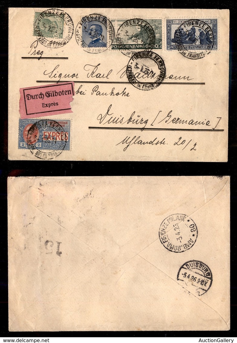 REGNO D'ITALIA - ESPRESSI - 2 Lire (13) + Complementari (810+083 + 192 + 199) - Busta Da Firenze A Duisburg Del 3.4.26 - Sonstige & Ohne Zuordnung