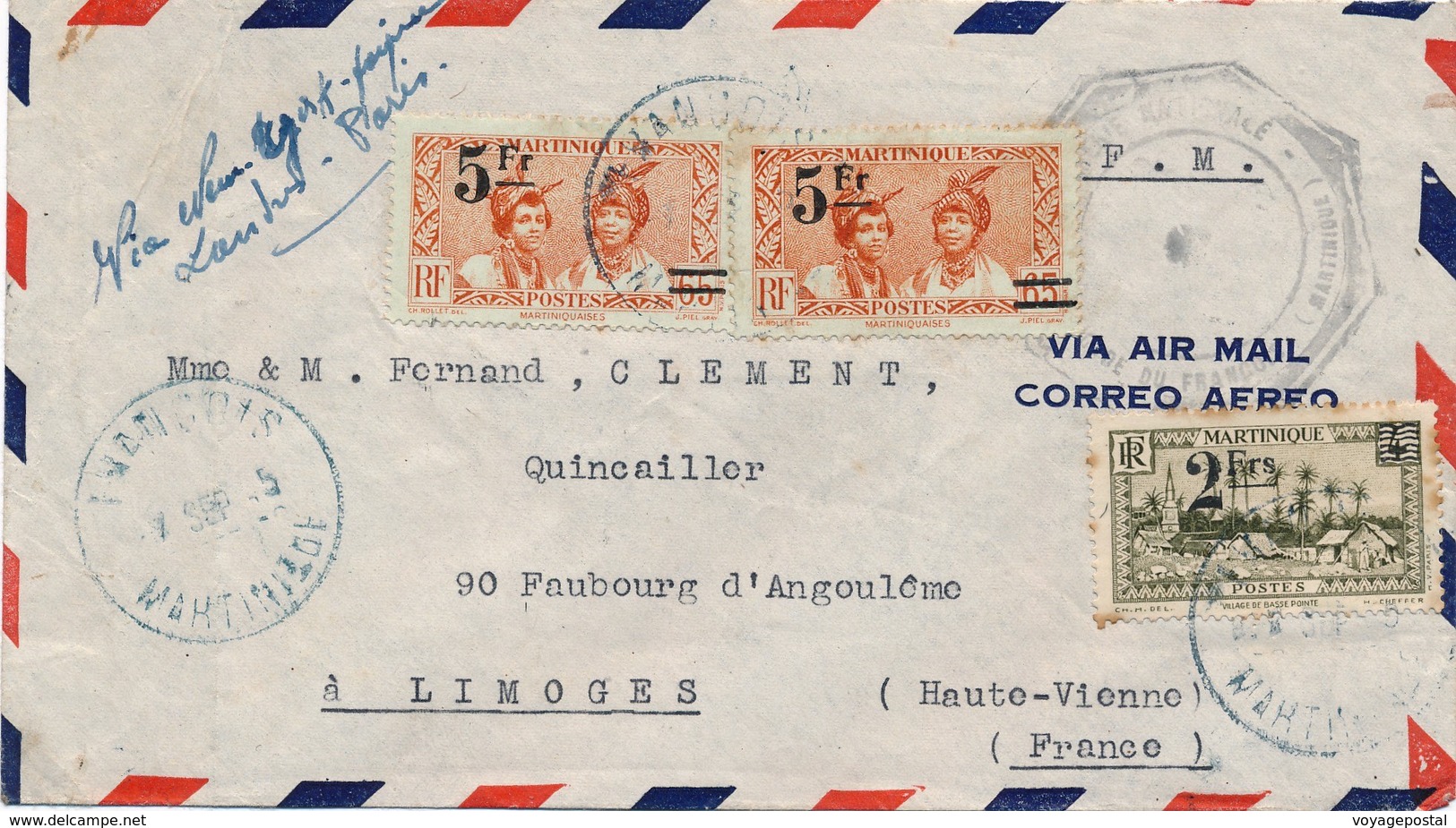 Lettre FM François Martinique Via New York Londres Paris Cachet Messagerie Nationale - Storia Postale