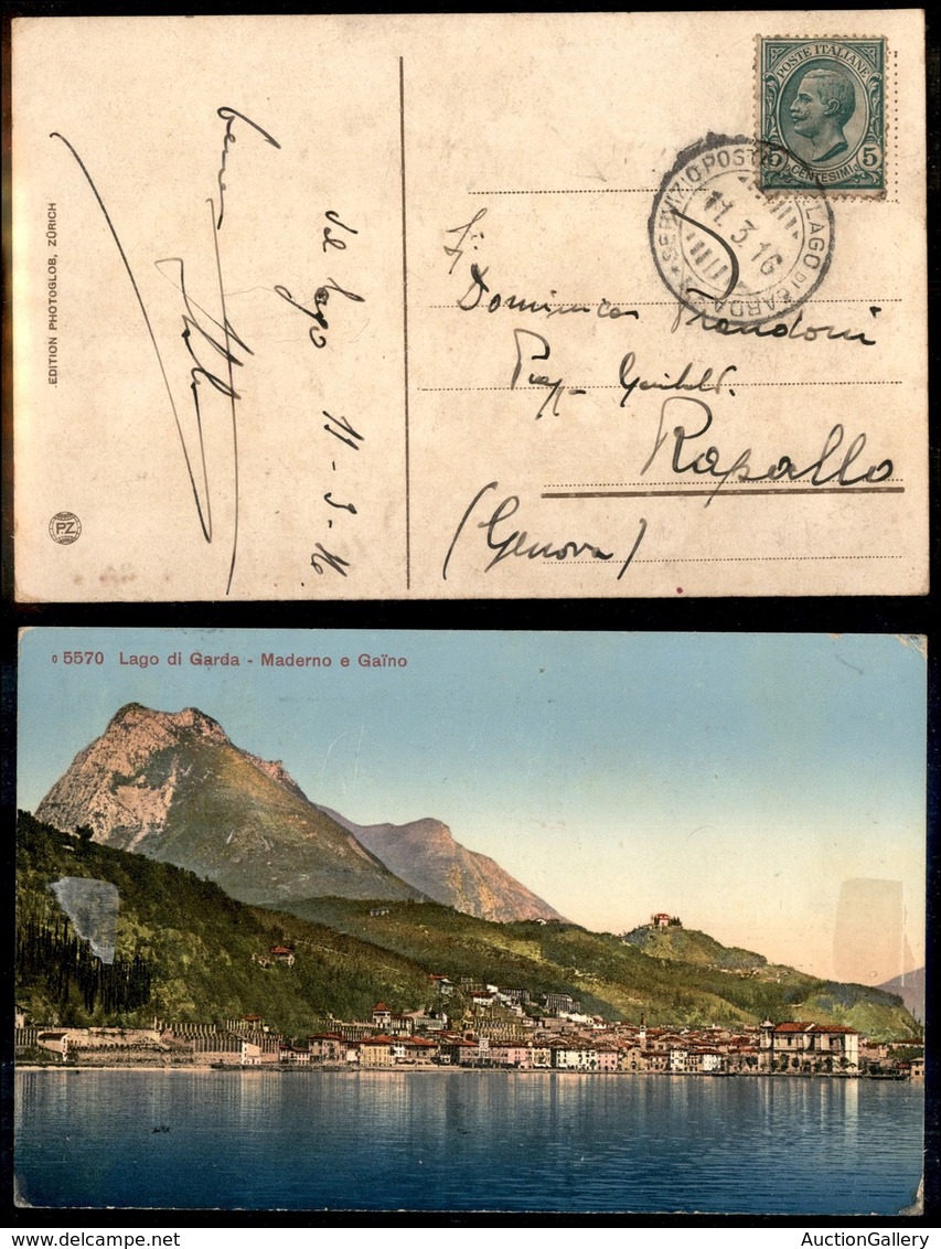 REGNO D'ITALIA - NAVIGAZIONE - Servizio Postale Del Lago Di Garda 11.3.16 - Cartolina Illustrata Per Rapallo - Sonstige & Ohne Zuordnung