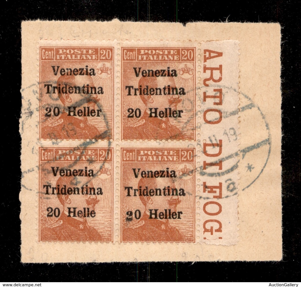 OCCUPAZIONI - TRENTINO - 1918 - 20 Heller Su 20 Cent (30e + 30 + 30d + 30e) - Quartina Bordo Foglio Usata Su Frammento C - Sonstige & Ohne Zuordnung