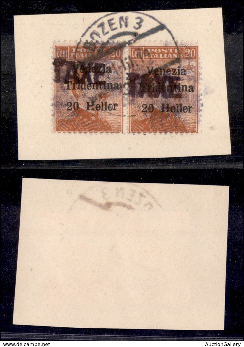 OCCUPAZIONI - BOLZANO 3 - 1918 - Taxe Su 20 Heller (32 Varietà) - Coppia Con Soprastampa Obliqua Usata Su Frammento - No - Sonstige & Ohne Zuordnung