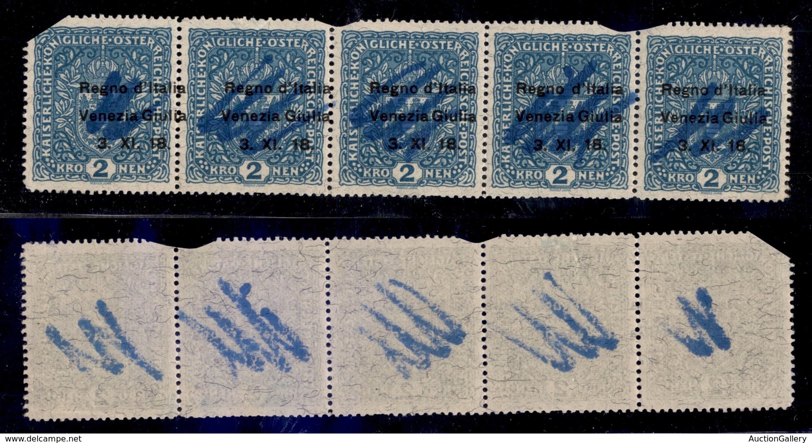 OCCUPAZIONI - VENEZIA GIULIA - 1918 - Demonetizzato - 2 Kronen (15/I - Fili Di Seta) - Striscia Di Cinque Con Soprastamp - Sonstige & Ohne Zuordnung