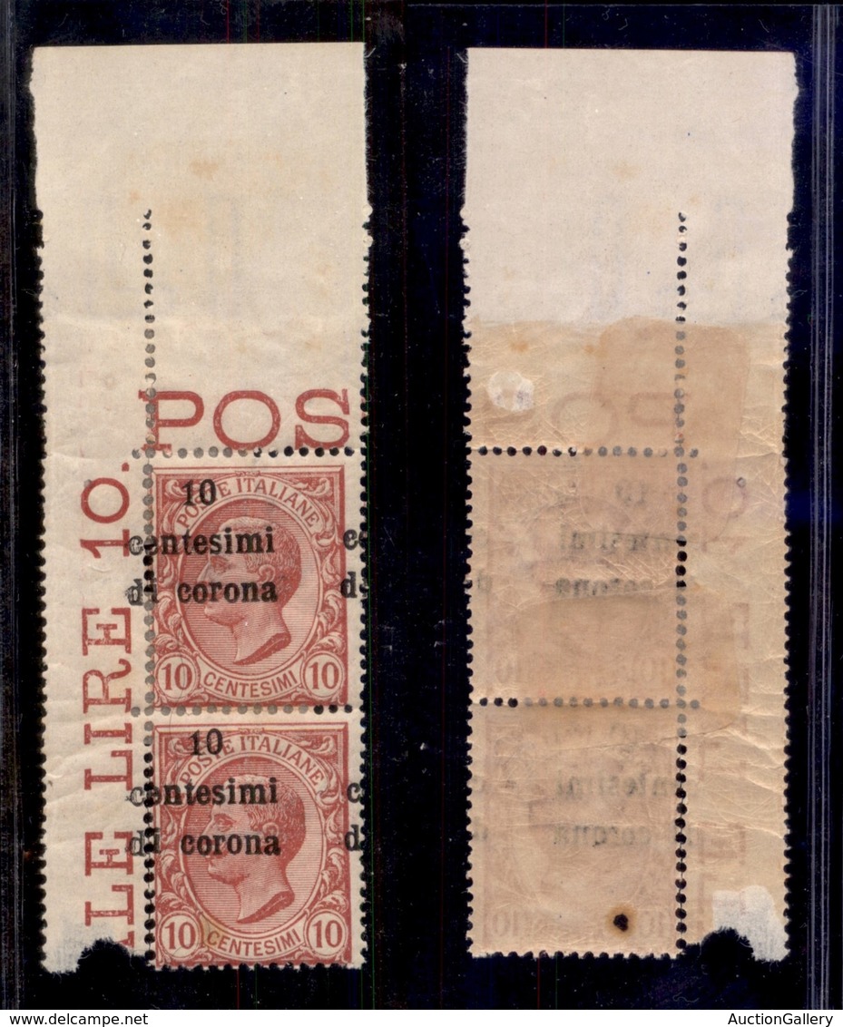 OCCUPAZIONI - TRENTO E TRIESTE - 1919 - 10 Cent Su 10 (4uaf) - Coppia Angolare Con Soprastampe In Alto (fk - Non Catalog - Sonstige & Ohne Zuordnung