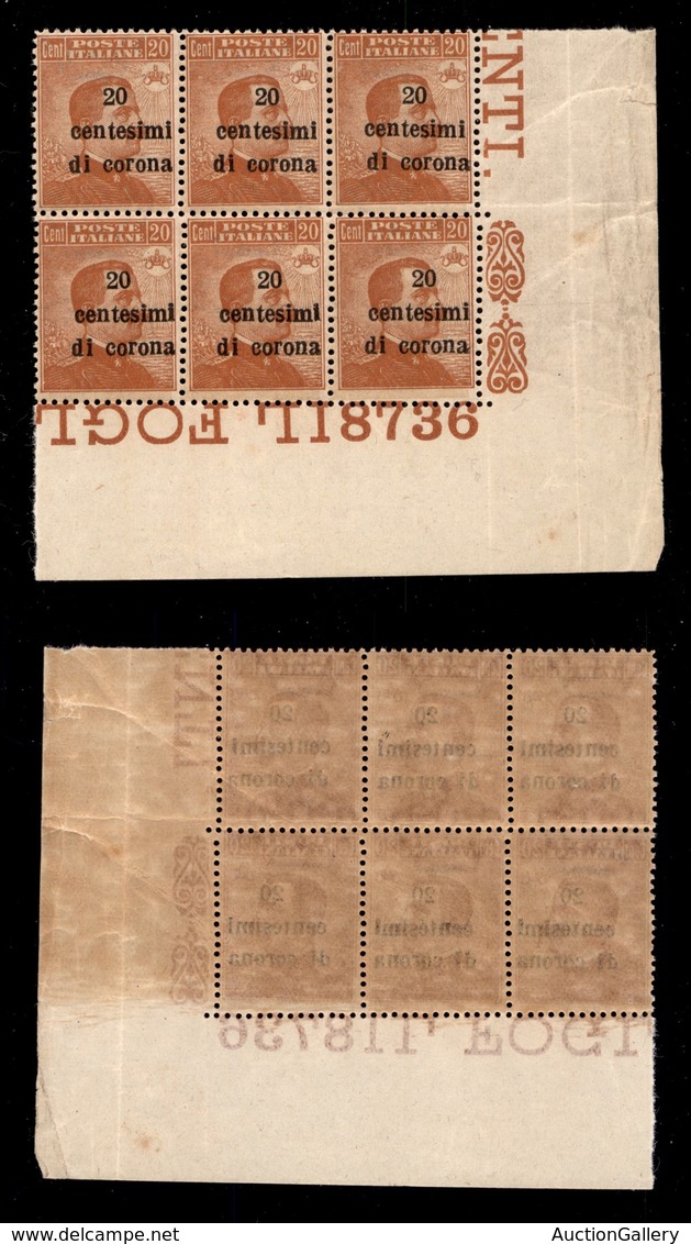 OCCUPAZIONI - TRENTO E TRIESTE - 1919 - 20 Cent Su 20 (5) - Blocco Angolare Di 6 Con Numero Di Tavola 8736 - Gomma Integ - Sonstige & Ohne Zuordnung