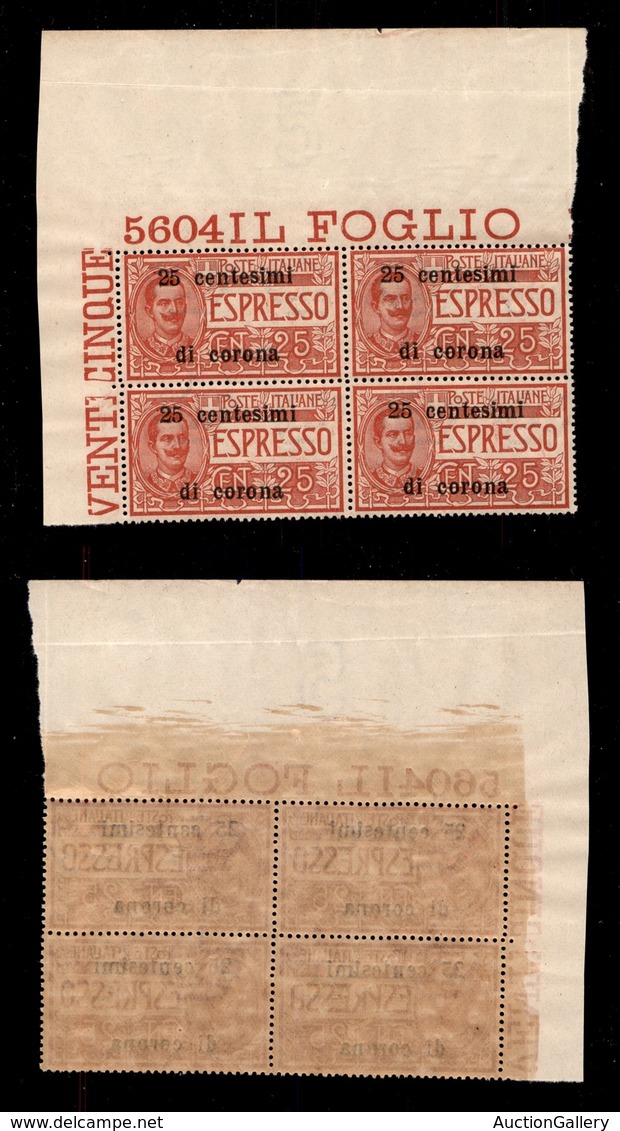 OCCUPAZIONI - TRENTO E TRIESTE - 1919 - 25 Cent (1) - Quartina Angolare Con Numero Di Tavola 5604 - Gomma Integra - Otros & Sin Clasificación