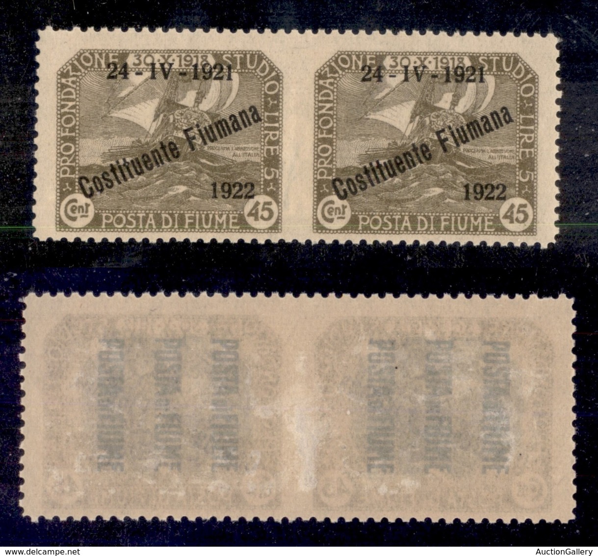 OCCUPAZIONI - FIUME - 1922 - Costituente Fiumana (183t) - Coppia Non Dentellata Al Centro - Gomma Originale (380) - Sonstige & Ohne Zuordnung