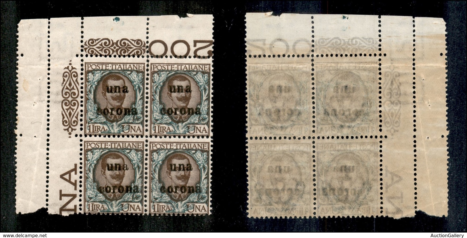 OCCUPAZIONI - DALMAZIA - 1919 - 1 Corona Su 1 Lira (1) In Quartina Angolare - A Diversa (1a) In Basso A Sinistra - Gomma - Sonstige & Ohne Zuordnung