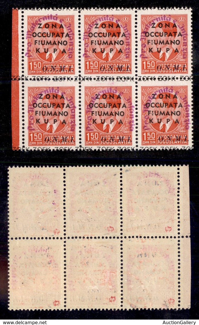 OCCUPAZIONI - ZONA FIUMANO KUPA - 1942 - 1,50 Din ONMI (41 - Violetto) - Blocco Di 6 Bordo Foglio - Gomma Integra (6.750 - Sonstige & Ohne Zuordnung