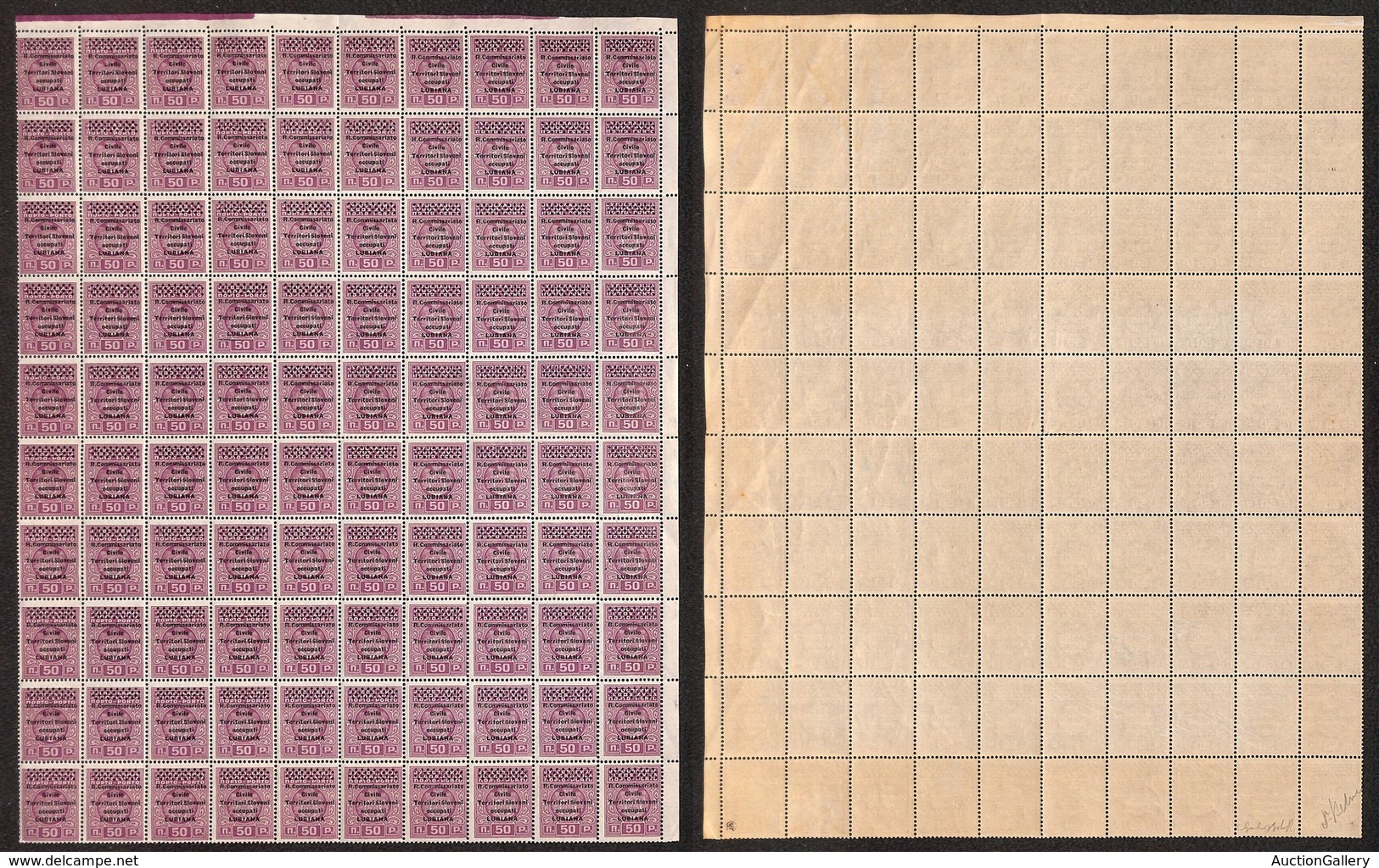 OCCUPAZIONI - LUBIANA - 1941 - 50 Para (6a - Violetto Lilla) - Intero Foglio Di 100 - Gomma Integra (3.250++) - Sonstige & Ohne Zuordnung