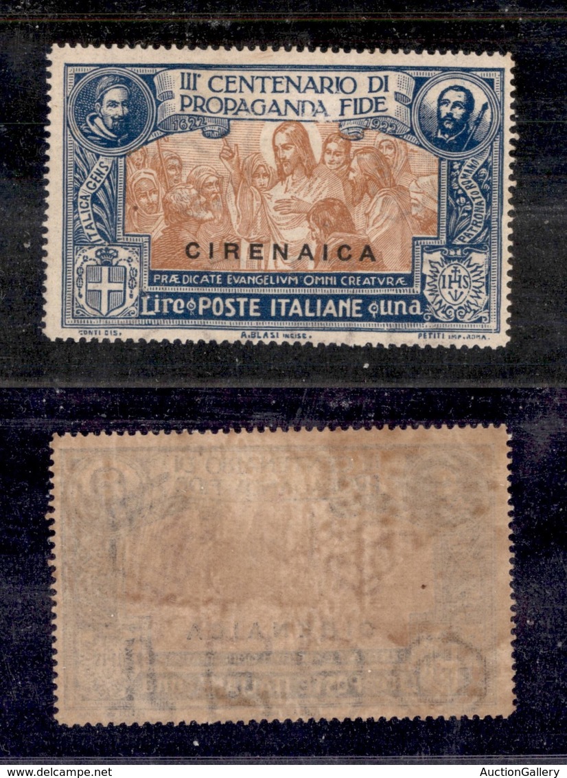 COLONIE - CIRENAICA - 1923 - 1 Lira Propaganda Fide (4) - Filigrana Lettere 10/10 (TESO) - Gomma Integra - Sonstige & Ohne Zuordnung